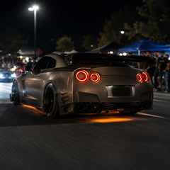 2008-2024 Nissan GT-R R35 Sequential LED Tail Lights — smoke white sequential night motion scene - T-GTR-SW