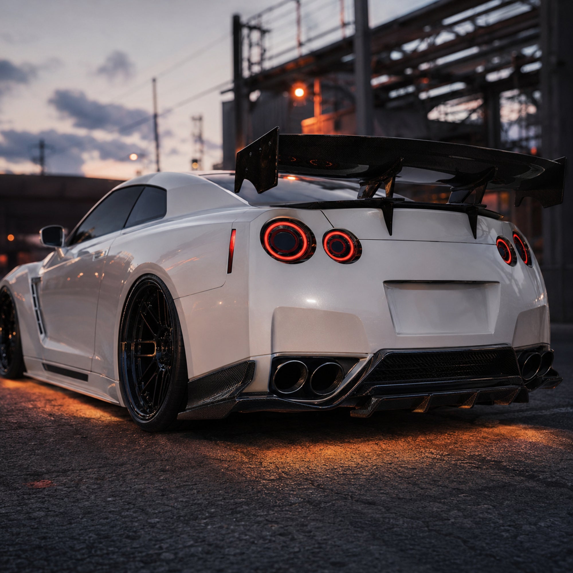 2008-2024 Nissan GT-R R35 Sequential LED Tail Lights — smoke white sequential rear45 scene - T-GTR-SW