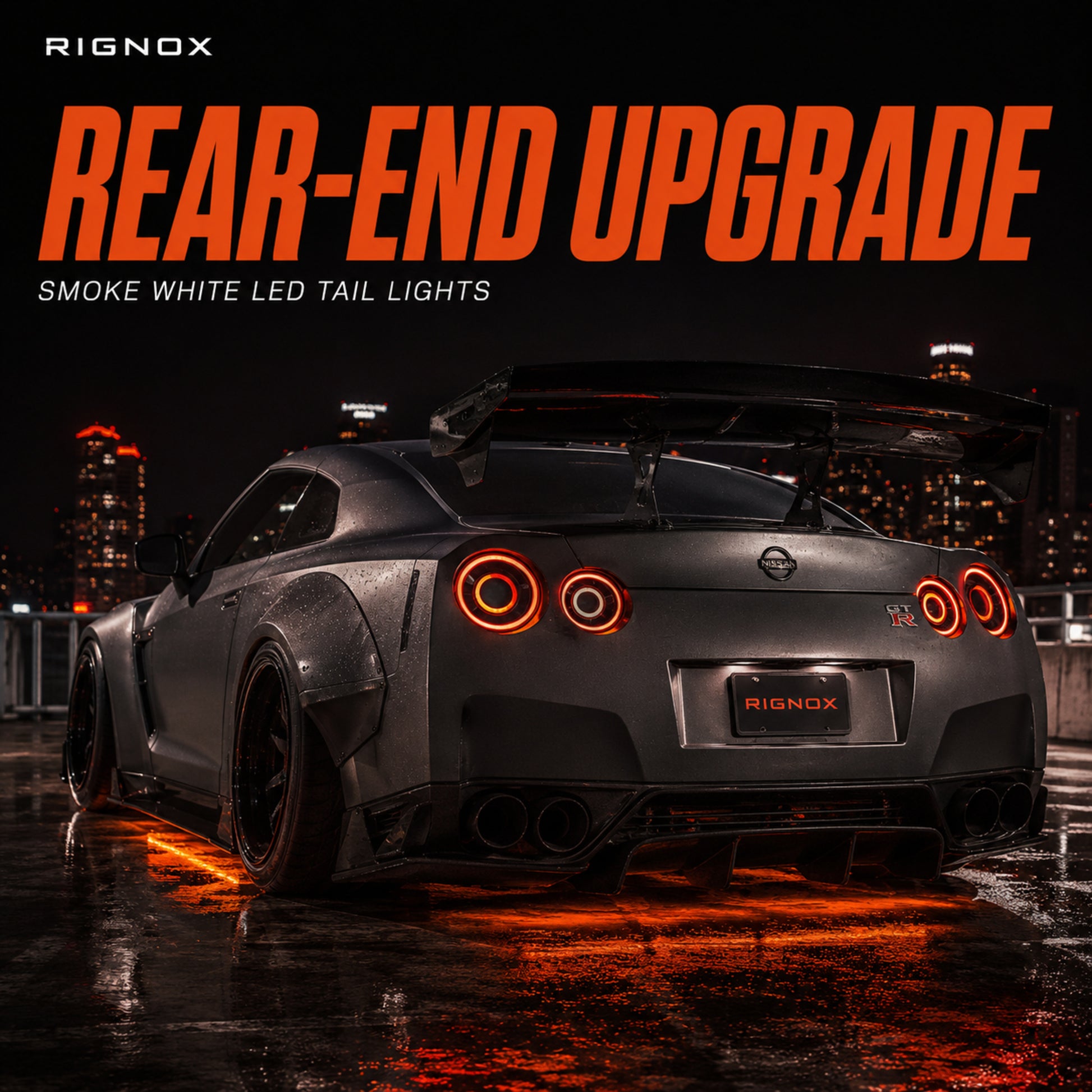 2008-2024 Nissan GT-R R35 Sequential LED Tail Lights — smoke white sequential rear upgrade scene - T-GTR-SW