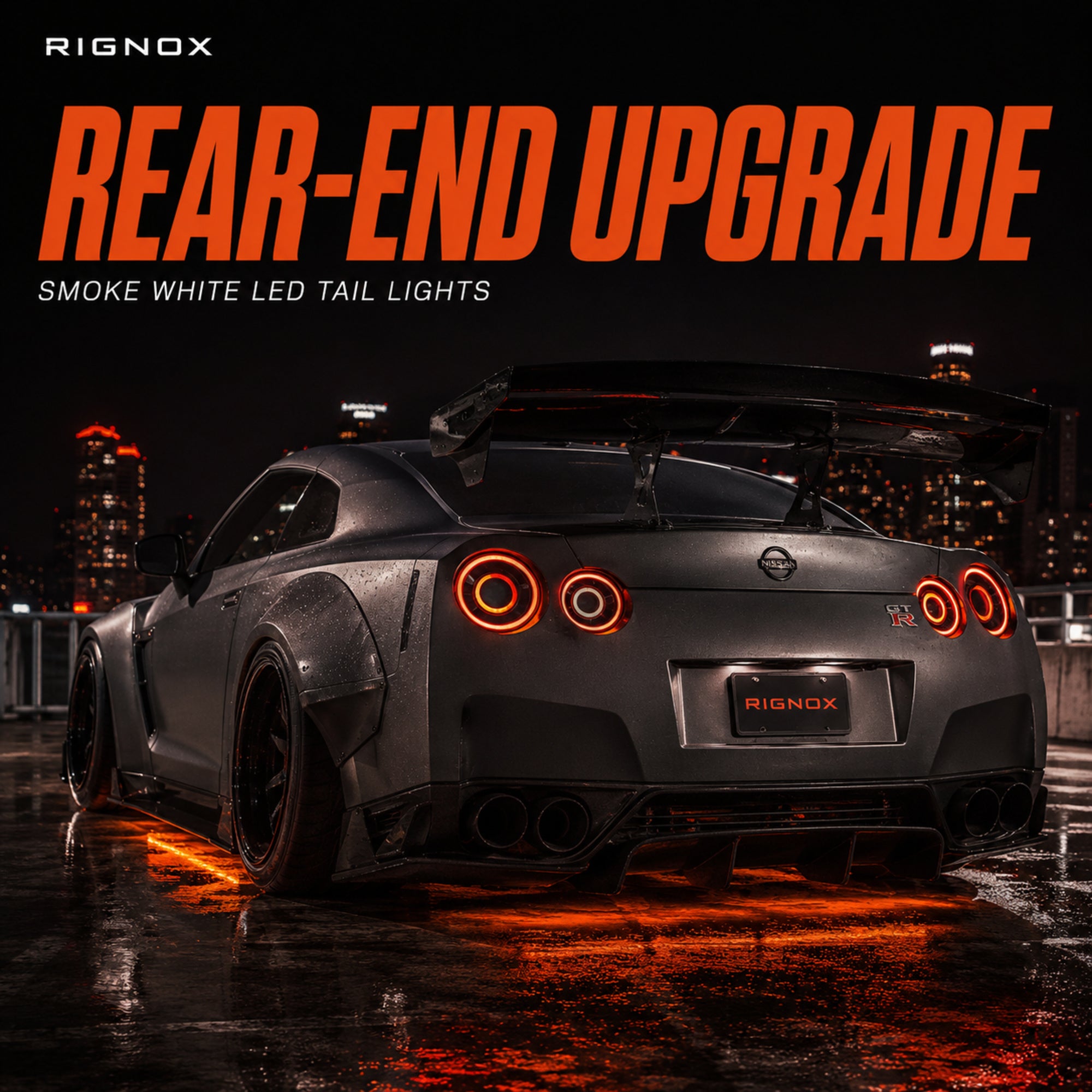 2008-2024 Nissan GT-R R35 Sequential LED Tail Lights — smoke white sequential rear upgrade scene - T-GTR-SW