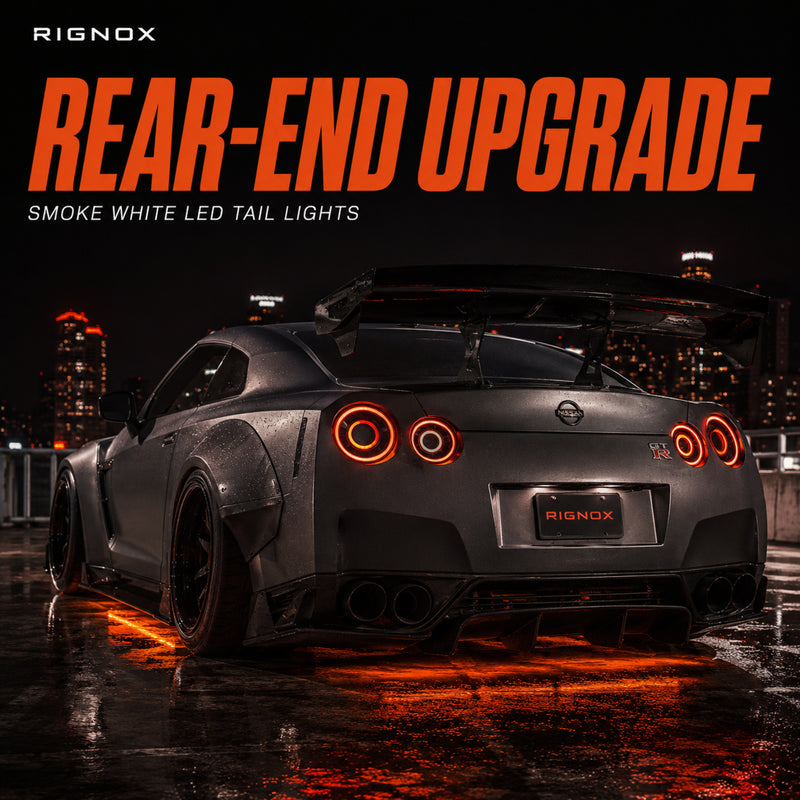 2008-2024 Nissan GT-R R35 Sequential LED Tail Lights — smoke white sequential rear upgrade scene - T-GTR-SW