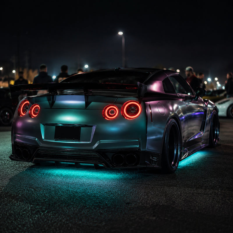 2008-2024 Nissan GT-R R35 Sequential LED Tail Lights — smoke white sequential social rear scene - T-GTR-SW