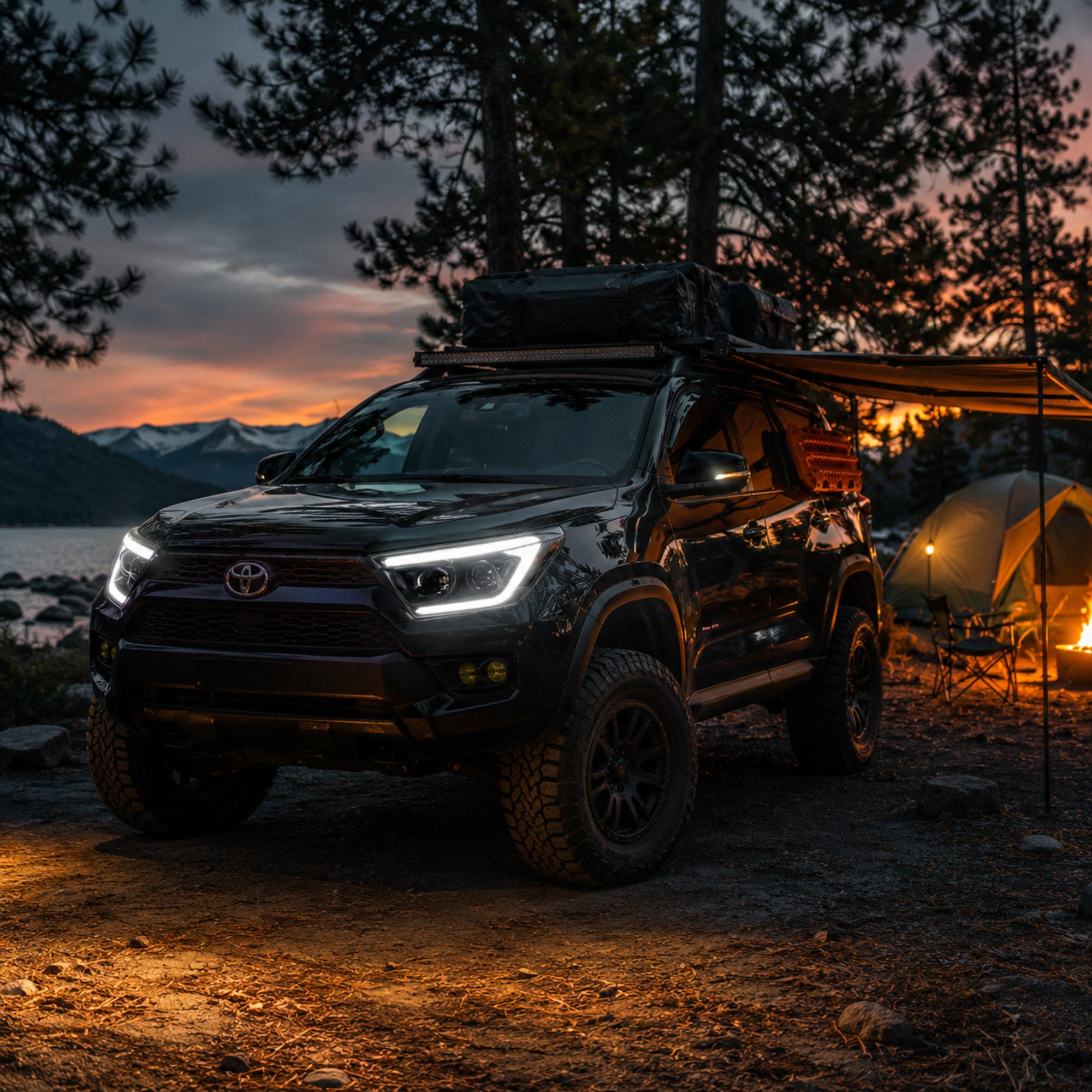2009-2012 Toyota RAV4 LED Dual Projector Headlights — black housing camping scene