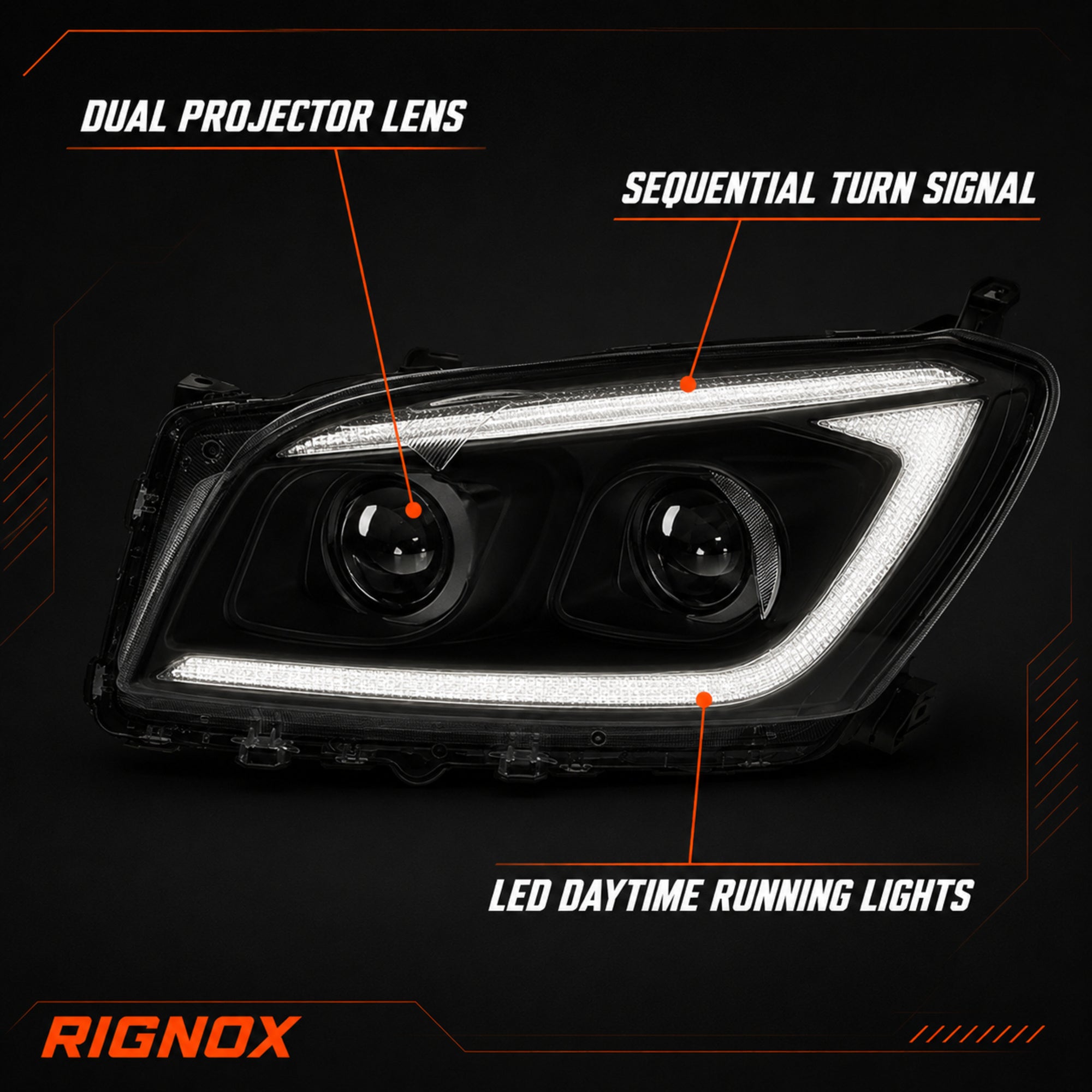2009-2012 Toyota RAV4 LED Dual Projector Headlights — black housing function