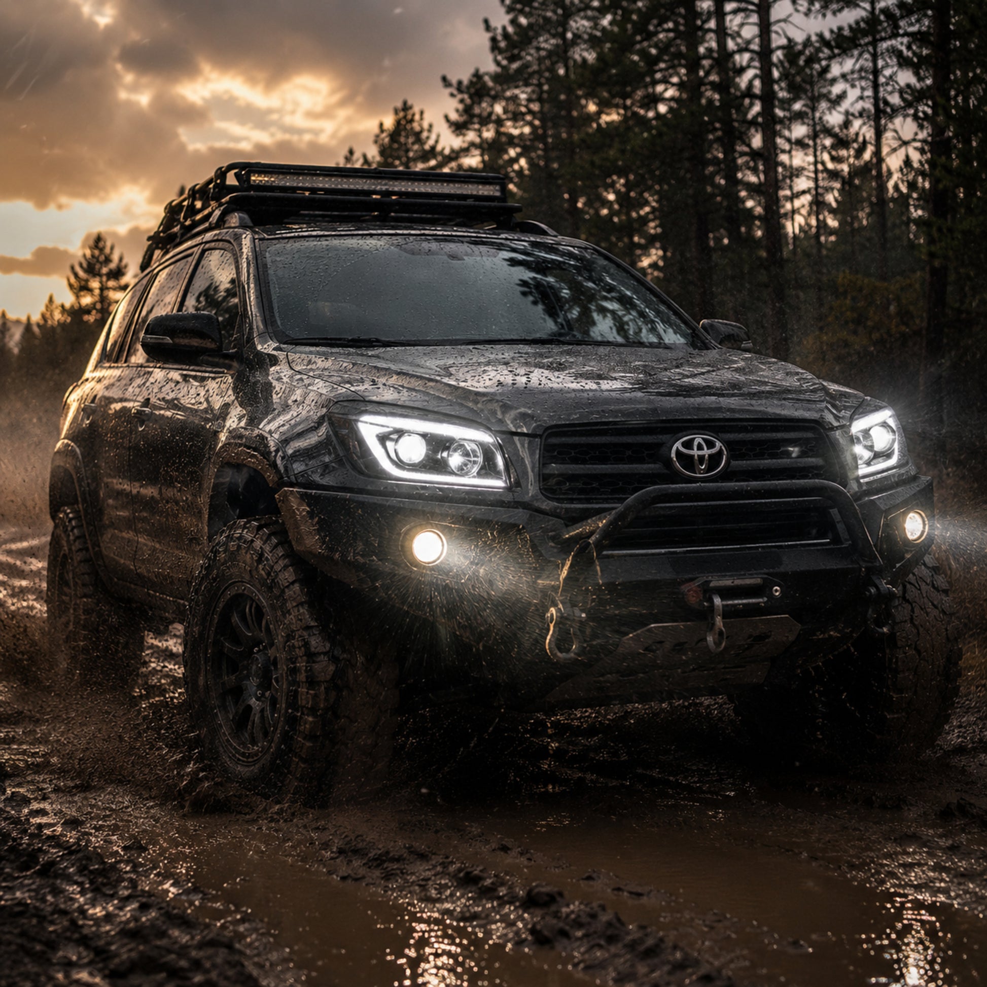 2009-2012 Toyota RAV4 LED Dual Projector Headlights — black housing rain mud scene