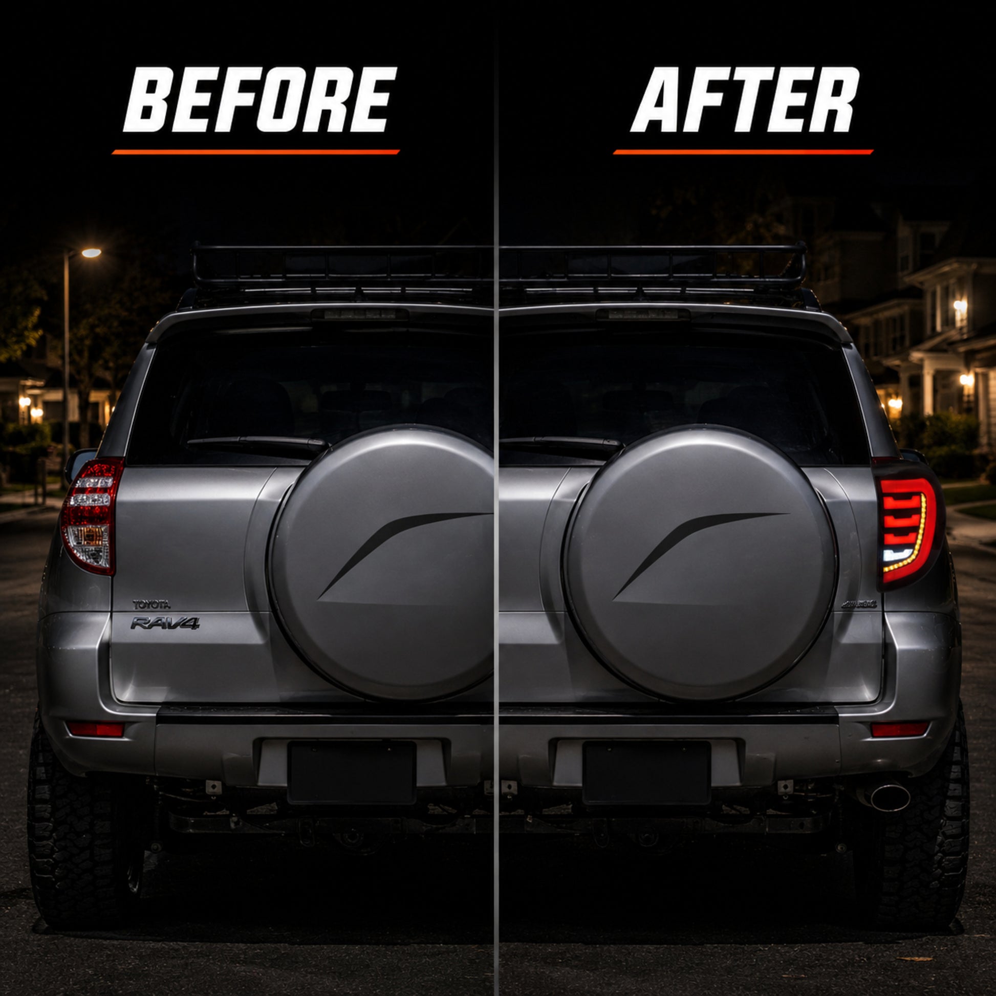 2009-2012 Toyota RAV4 Sequential LED Tail Lights — smoked before after house street - T-RAV4-09-SR