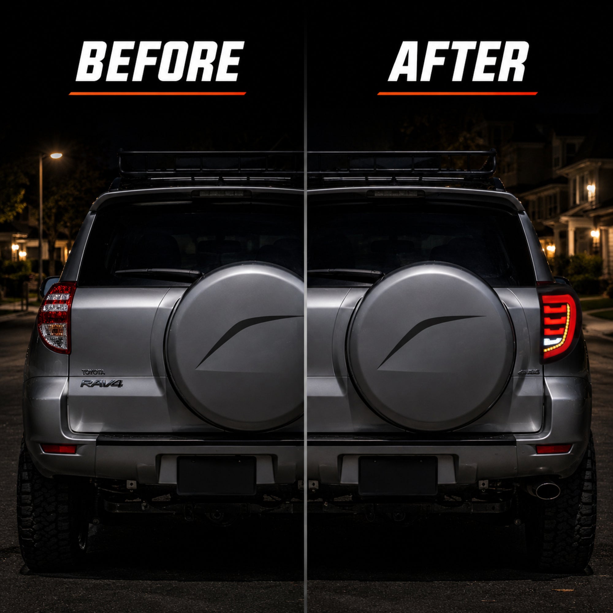 2009-2012 Toyota RAV4 Sequential LED Tail Lights — smoked before after house street - T-RAV4-09-SR