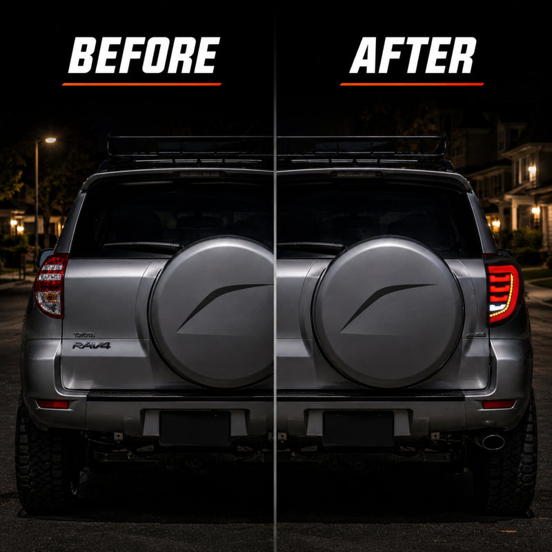 2009-2012 Toyota RAV4 Sequential LED Tail Lights — smoked before after house street - T-RAV4-09-SR