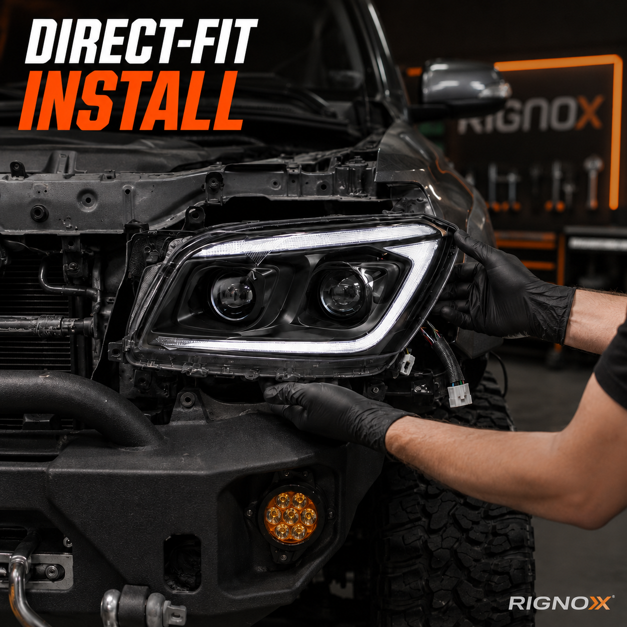 2009-2012 Toyota RAV4 LED Dual Projector Headlights — black housing installation font fixed