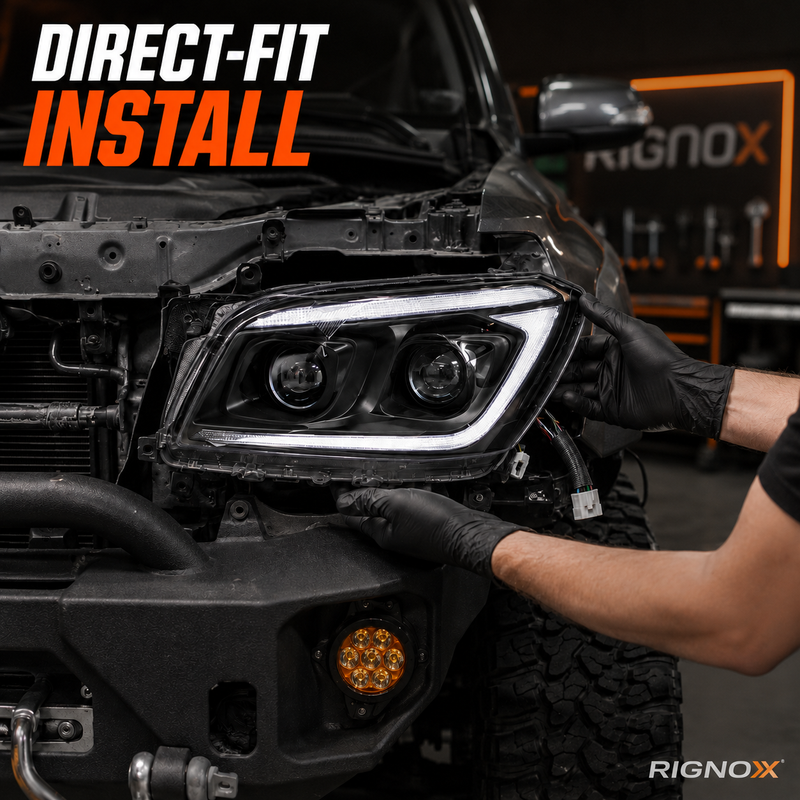 2009-2012 Toyota RAV4 LED Dual Projector Headlights — black housing installation font fixed