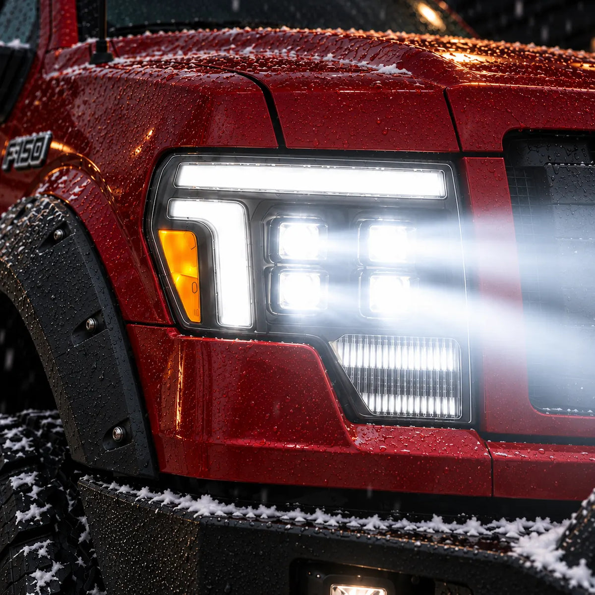 2009-2014 Ford F-150 & SVT Raptor (12th Gen) LED Projector Headlights Assembly — Pair — All lights on close-up — H-F150-09-Q