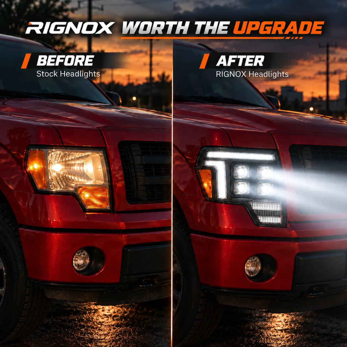 2009-2014 Ford F-150 & SVT Raptor (12th Gen) LED Projector Headlights Assembly — Pair — Before and after comparison — H-F150-09-Q