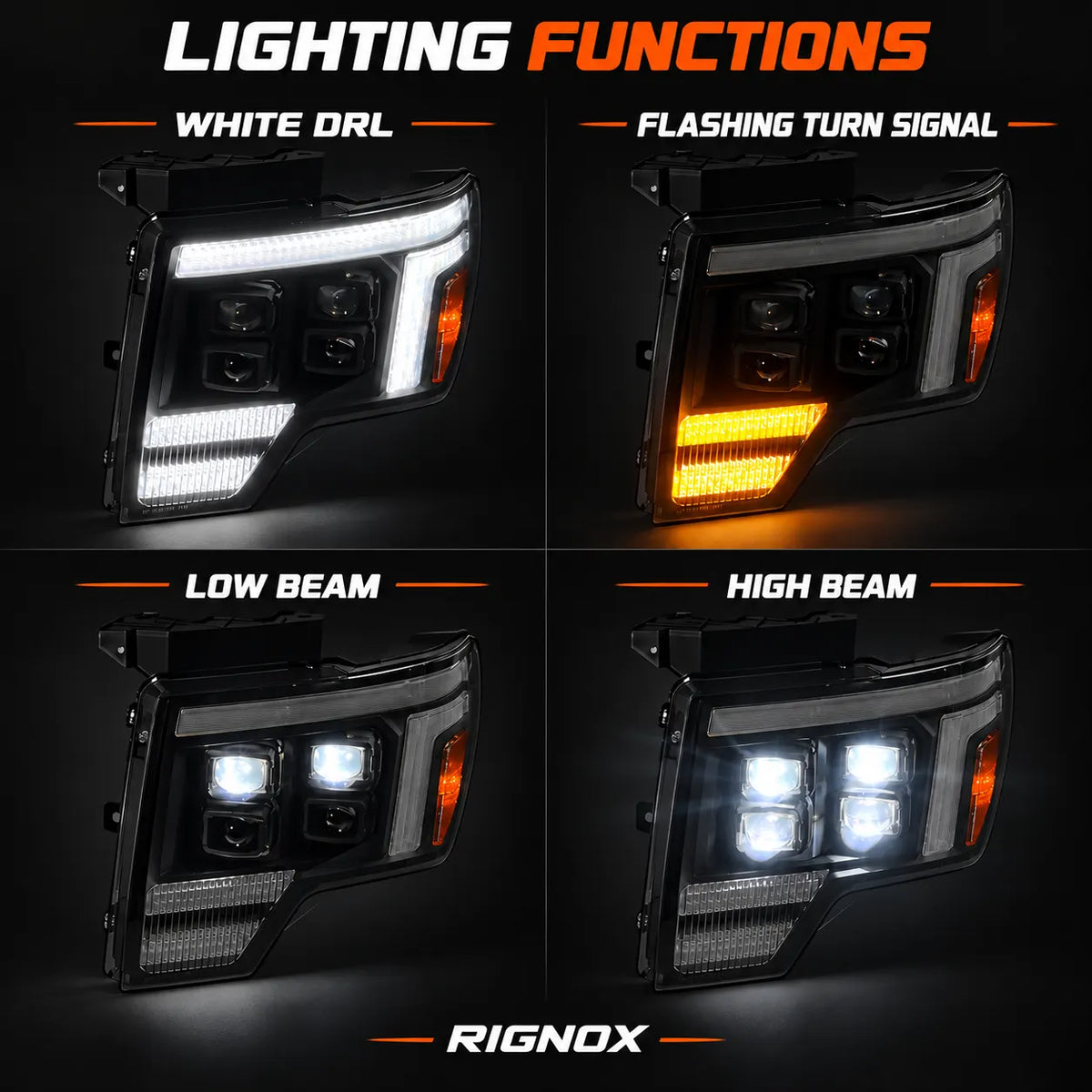 2009-2014 Ford F-150 & SVT Raptor (12th Gen) LED Projector Headlights Assembly — Pair — lighting functions — H-F150-09-Q