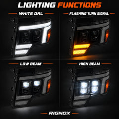 2009-2014 Ford F-150 & SVT Raptor (12th Gen) LED Projector Headlights Assembly — Pair — lighting functions — H-F150-09-Q
