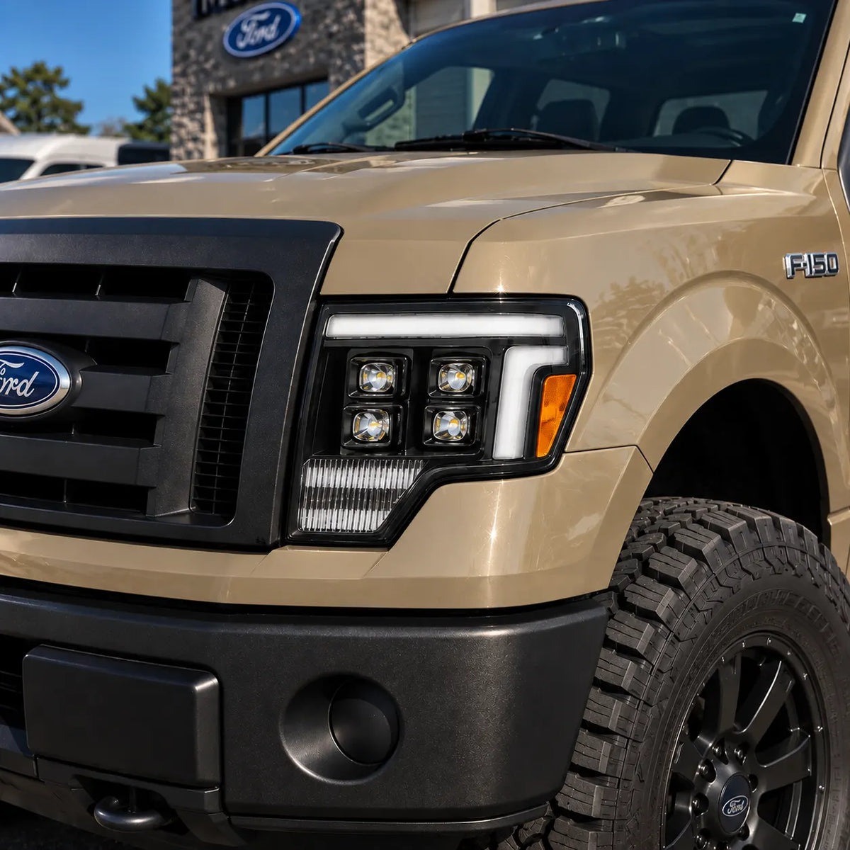 2009-2014 Ford F-150 & SVT Raptor (12th Gen) LED Projector Headlights Assembly — Pair — Lights off close-up — H-F150-09-Q