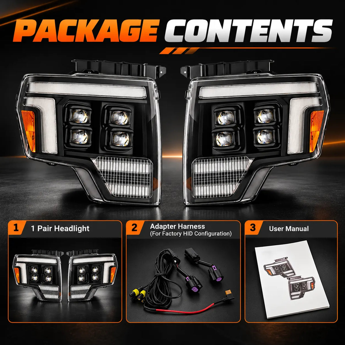 2009-2014 Ford F-150 & SVT Raptor (12th Gen) LED Projector Headlights Assembly — Pair — Package contents — H-F150-09-Q