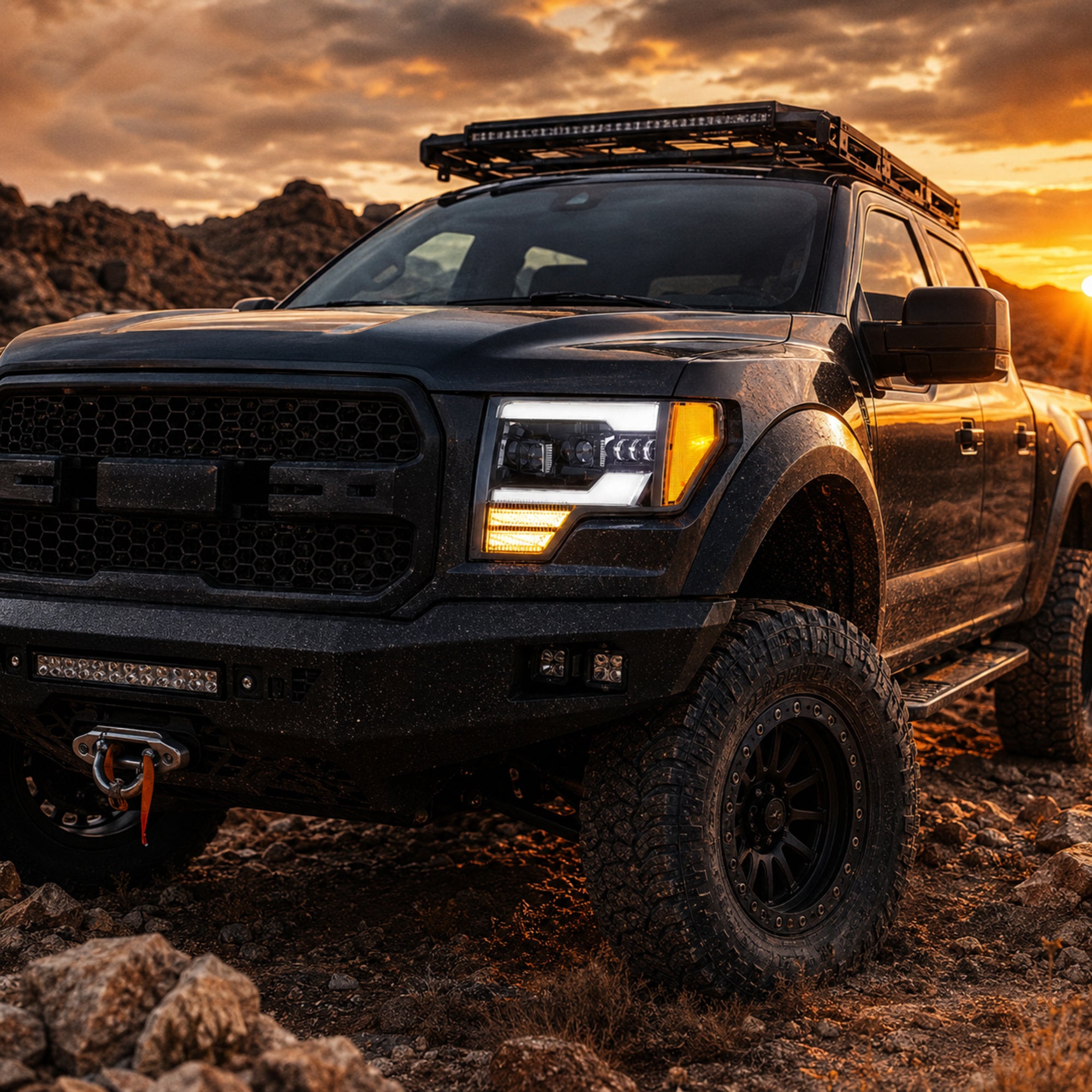 2009-2014 Ford F-150 LED Dual Projector Headlights — black housing amber drl04
