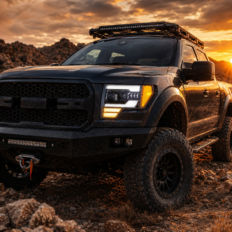2009-2014 Ford F-150 LED Dual Projector Headlights — black housing amber drl04