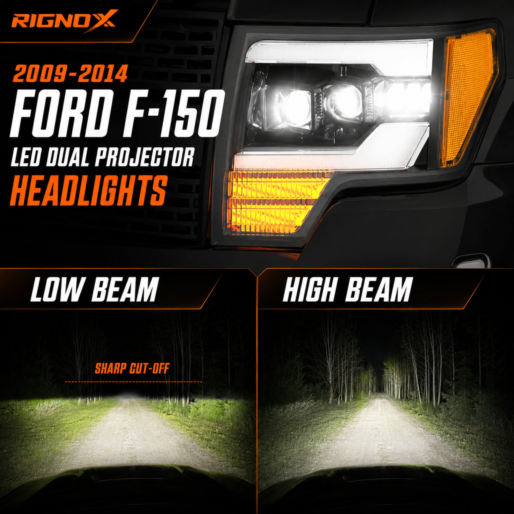 2009-2014 Ford F-150 LED Dual Projector Headlights — black housing beam pattern10