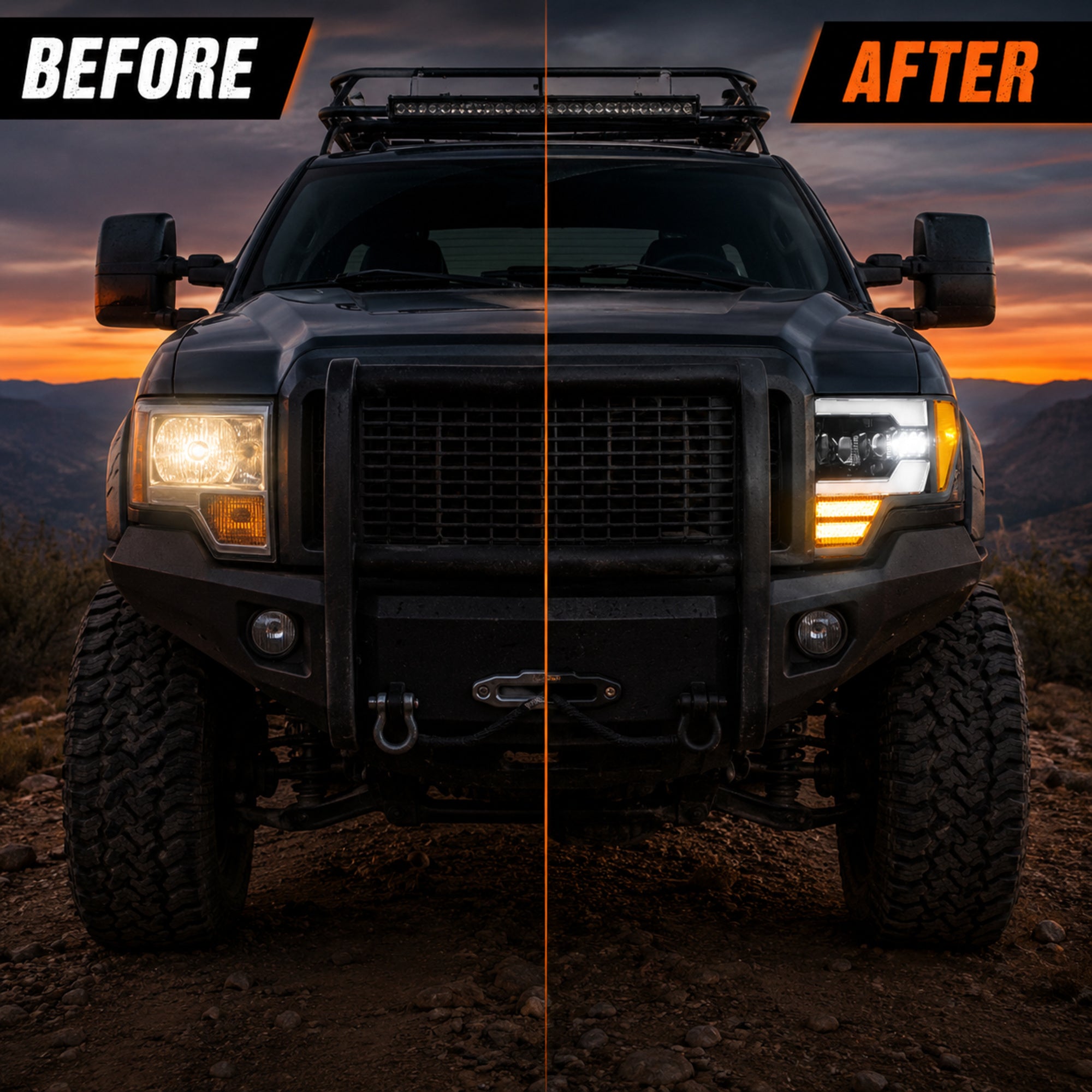 2009-2014 Ford F-150 LED Dual Projector Headlights — black housing before after13