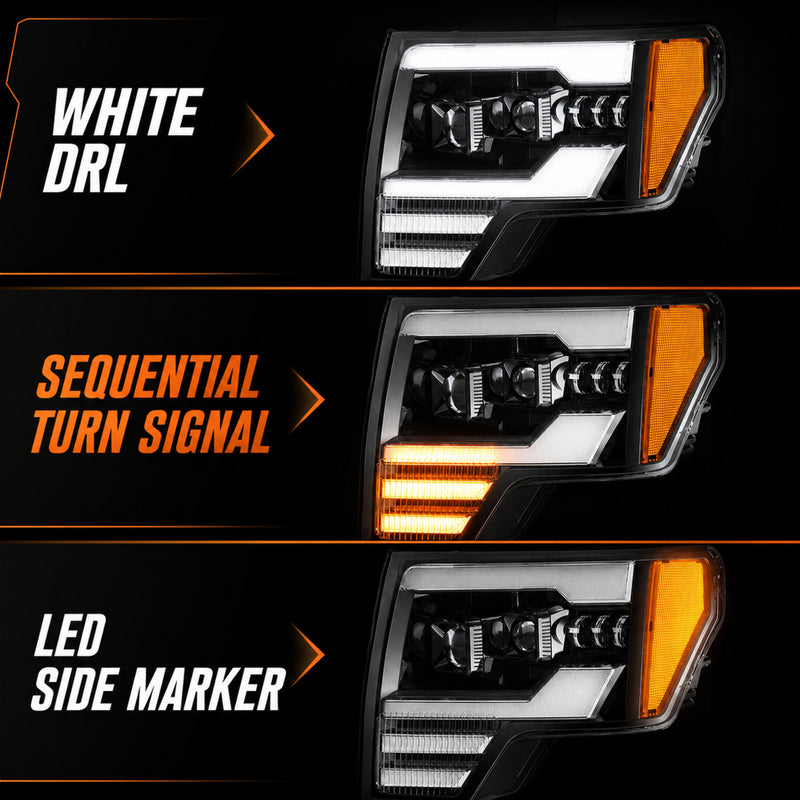 2009-2014 Ford F-150 LED Dual Projector Headlights — black housing function09