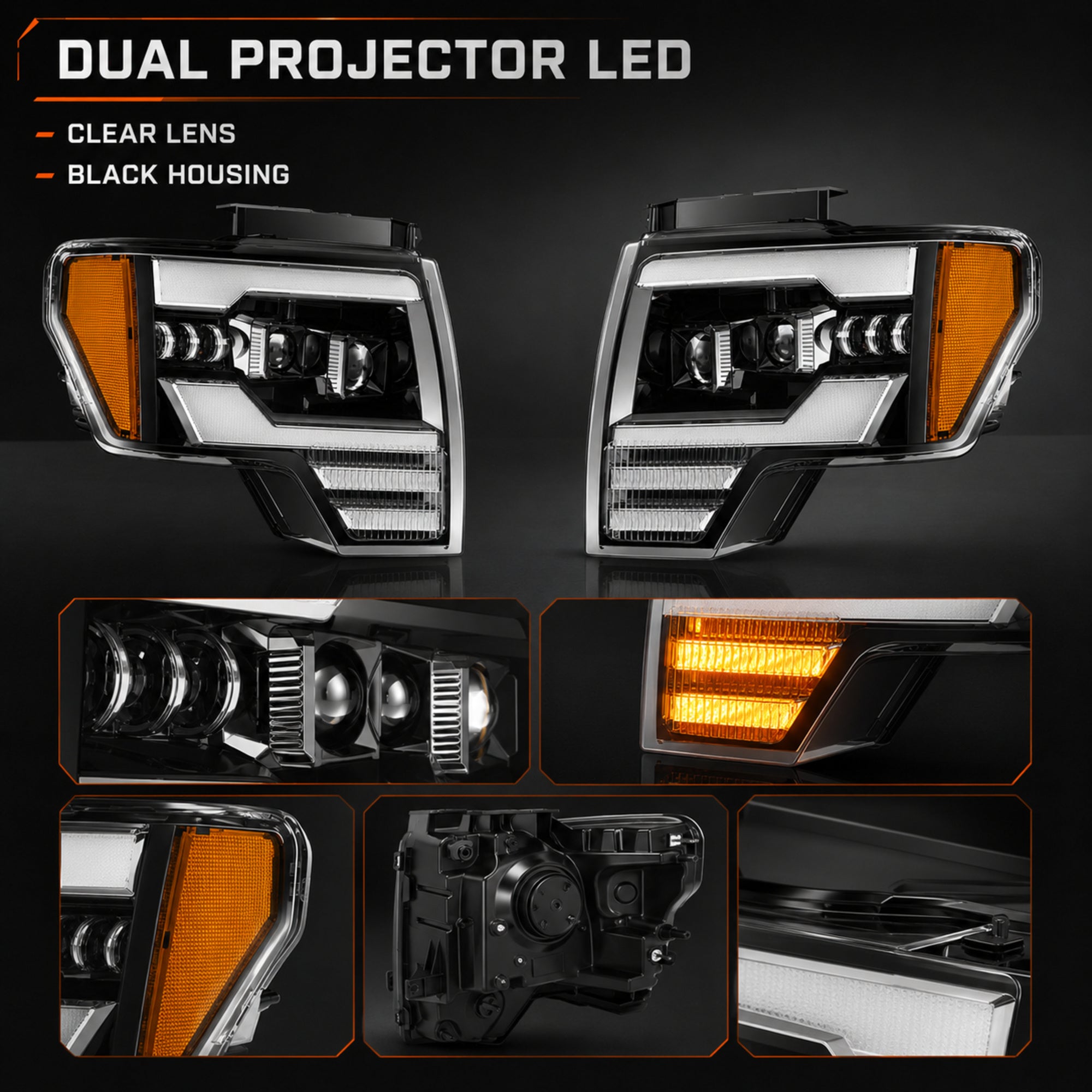 2009-2014 Ford F-150 LED Dual Projector Headlights — black housing product detail16