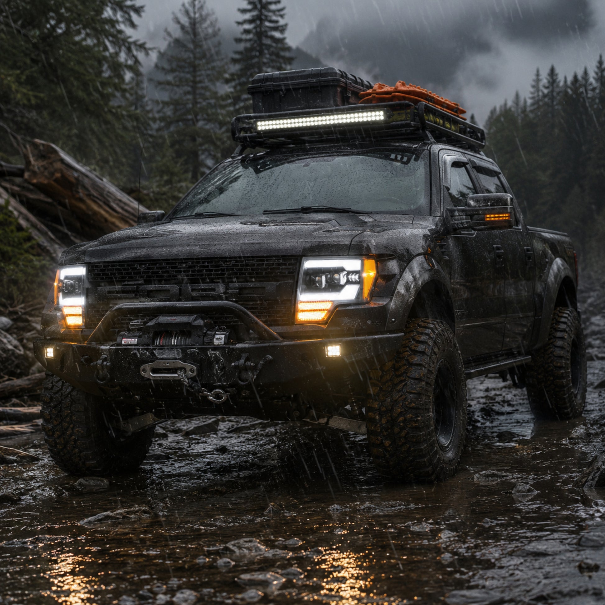 2009-2014 Ford F-150 LED Dual Projector Headlights — black housing rain lighting06