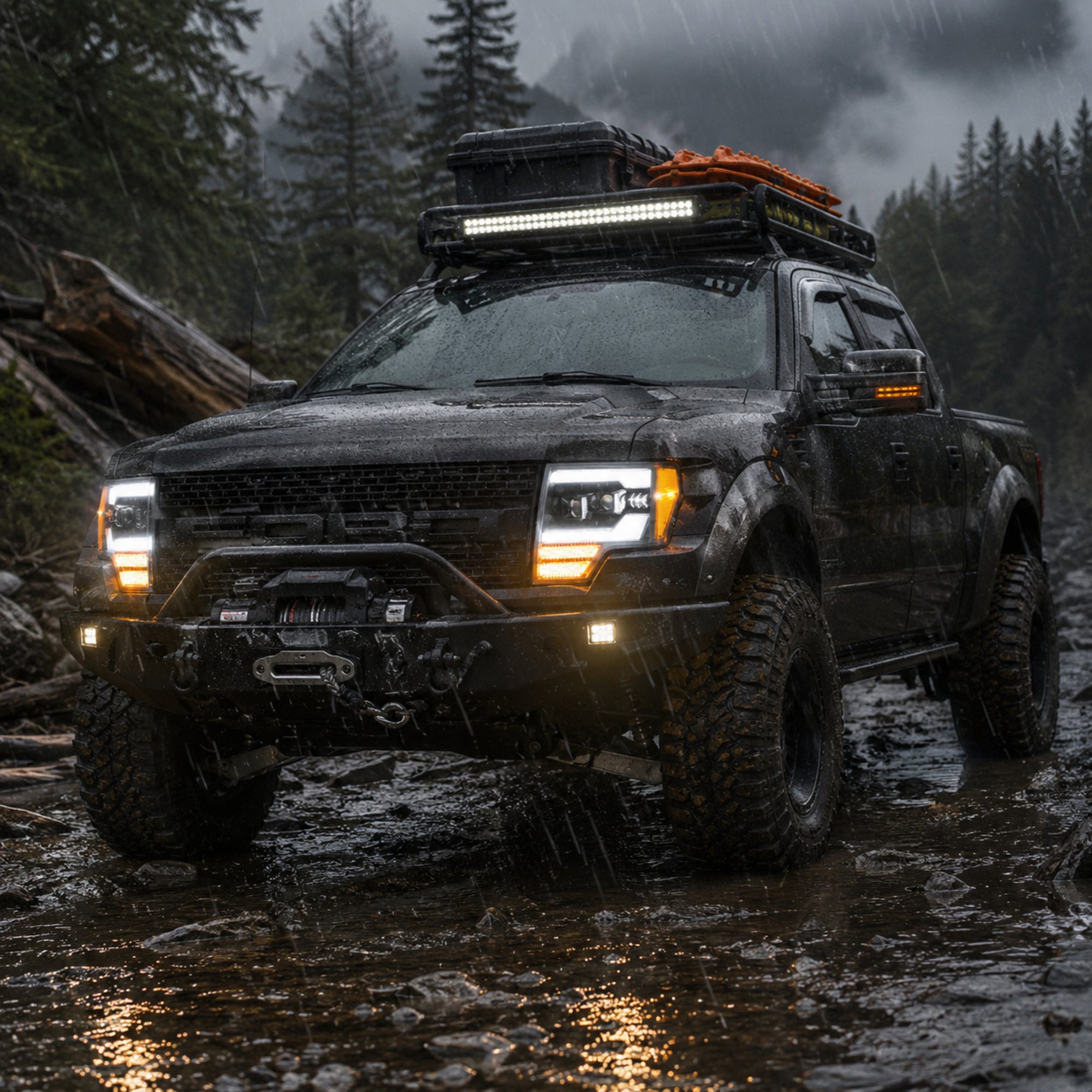 2009-2014 Ford F-150 LED Dual Projector Headlights — black housing rain lighting06