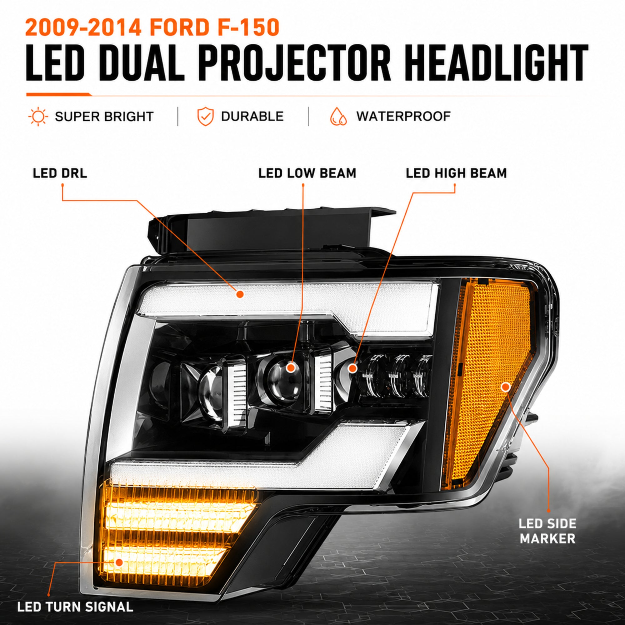 2009-2014 Ford F-150 LED Dual Projector Headlights — black housing true led15