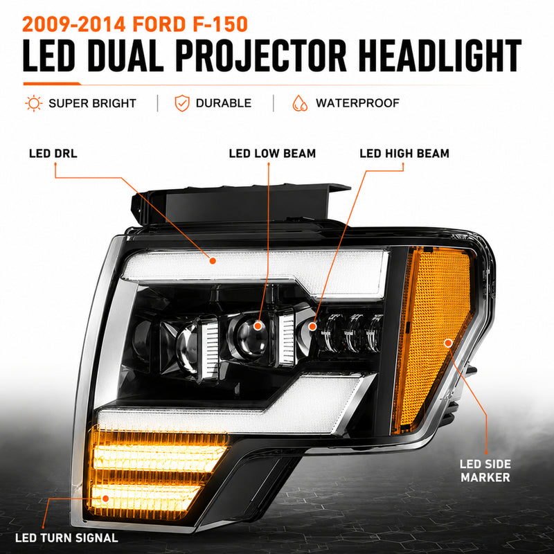 2009-2014 Ford F-150 LED Dual Projector Headlights — black housing true led15