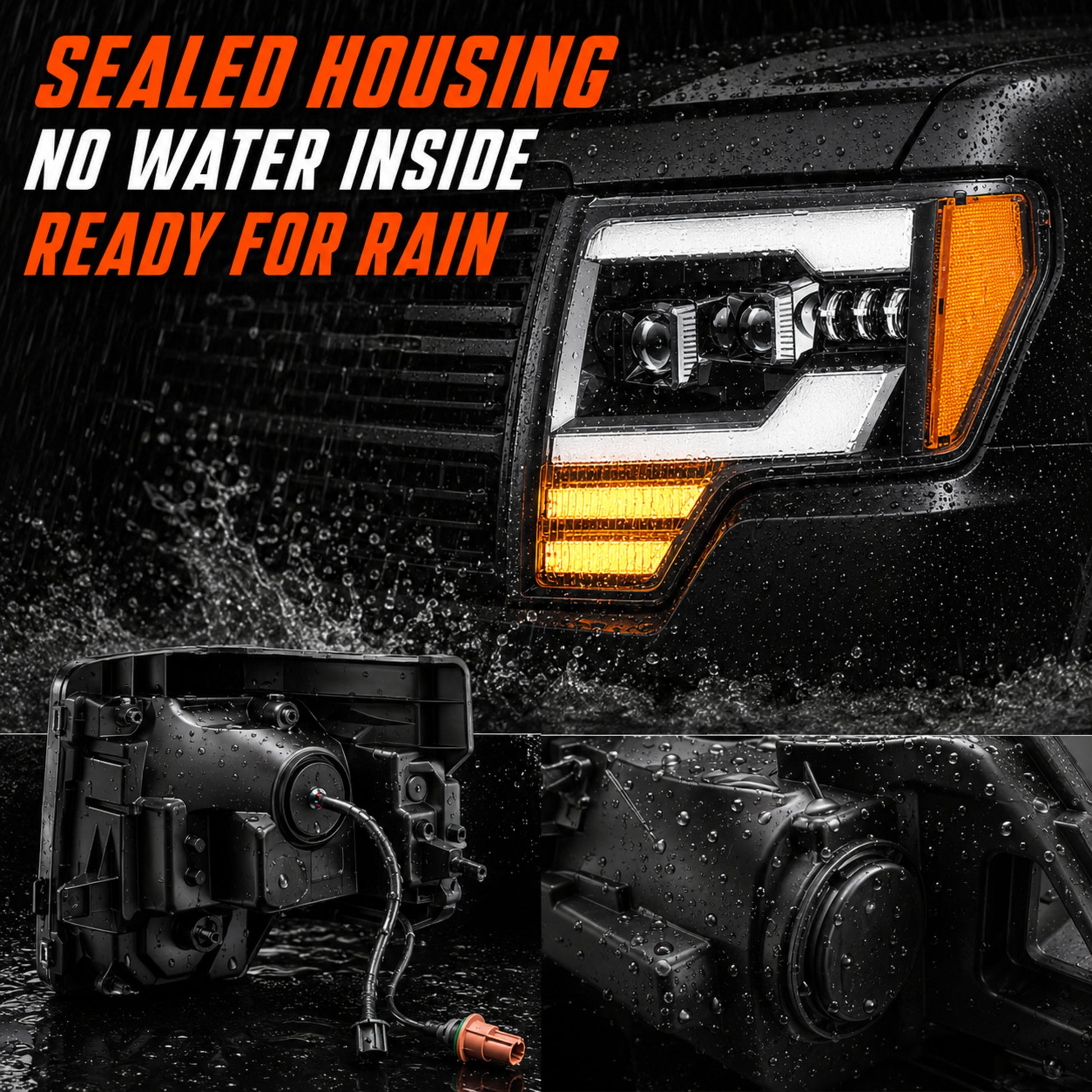2009-2014 Ford F-150 LED Dual Projector Headlights — black housing waterproof12