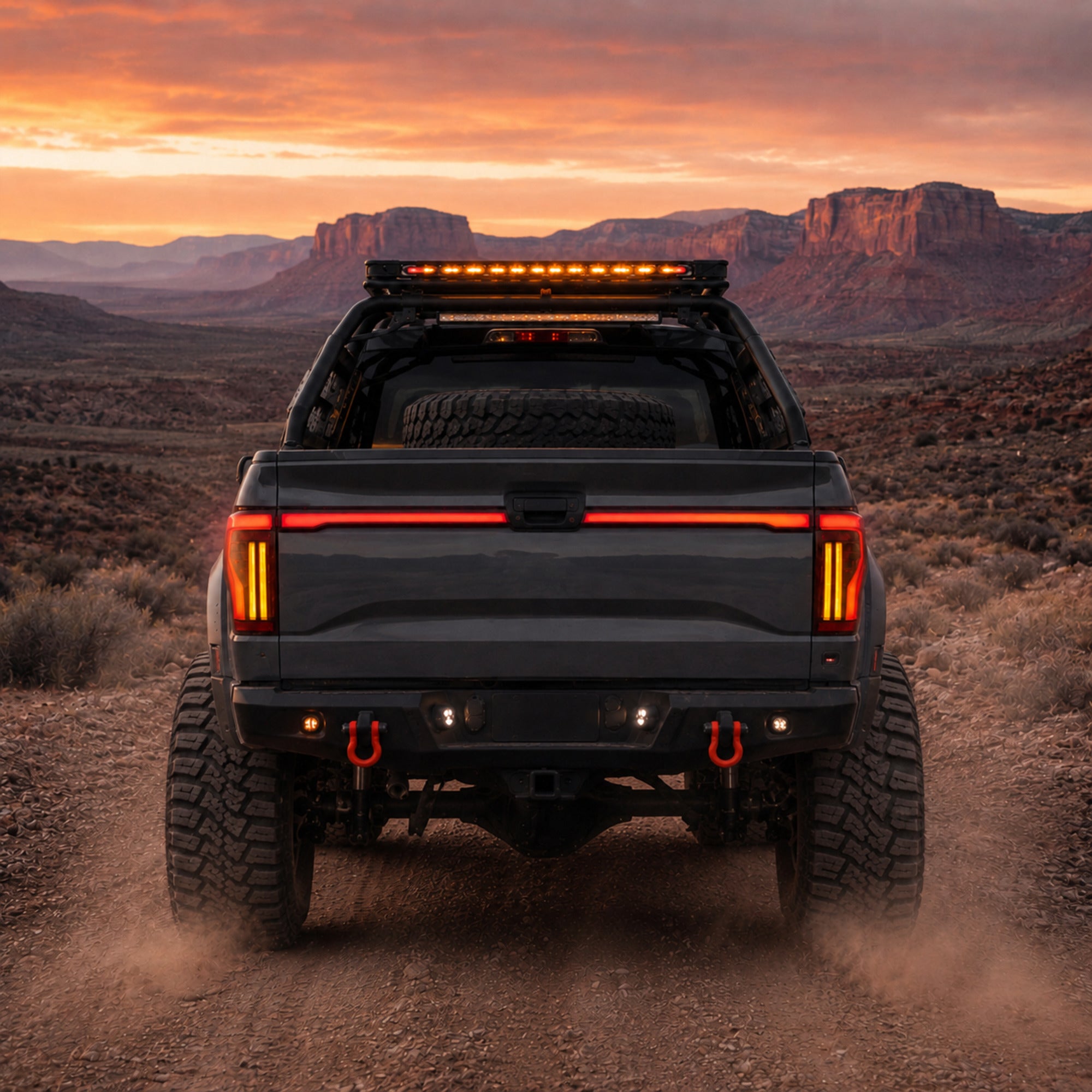 2009-2014 Ford F-150 Sequential LED Tail Lights — smoke red bar backroad rear view - T-F150-09-TG