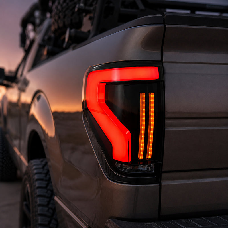 2009-2014 Ford F-150 Sequential LED Tail Lights — smoke red bar installed close up09 - T-F150-09