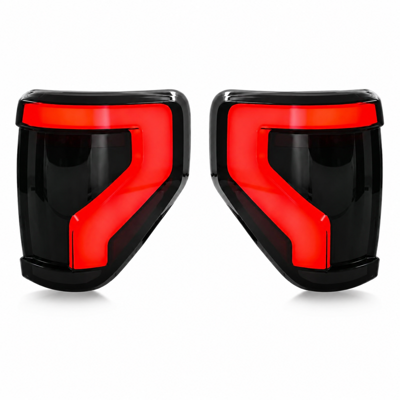 2009-2014 Ford F-150 Sequential LED Tail Lights — smoke red bar white background pair lit - T-F150-09