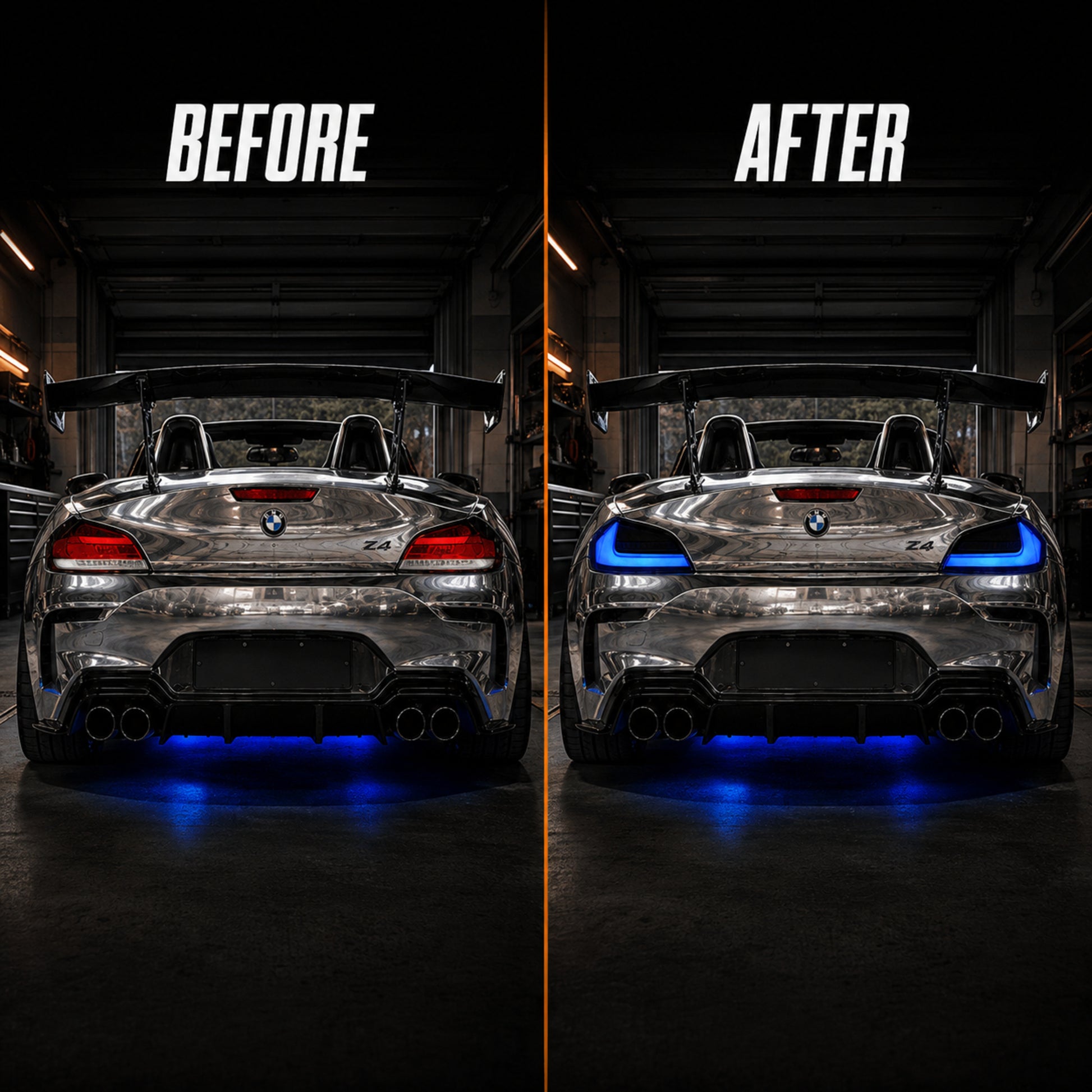 2009-2016 BMW Z4 E89 Sequential LED Tail Lights — blue ledsequential before after - T-Z4-SW-BLU