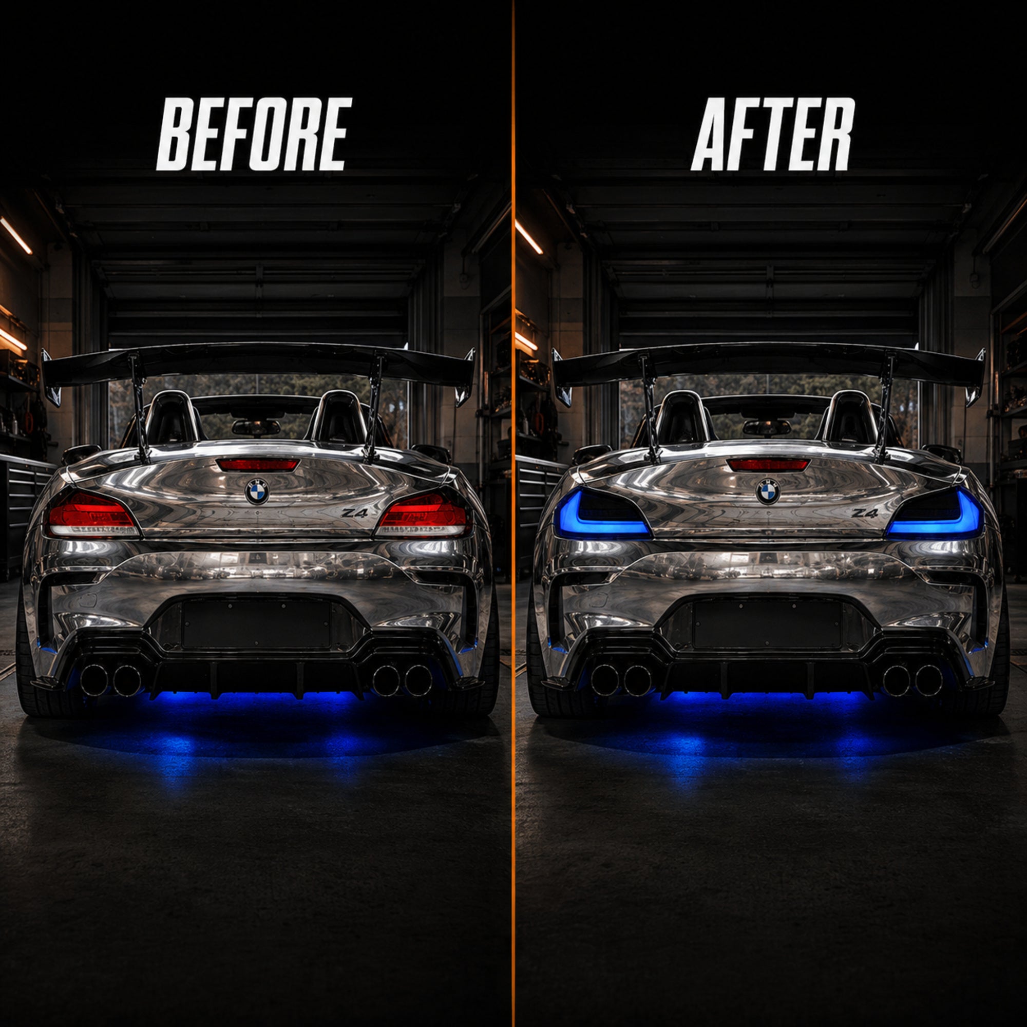 2009-2016 BMW Z4 E89 Sequential LED Tail Lights — blue ledsequential before after - T-Z4-SW-BLU