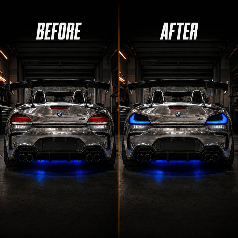 2009-2016 BMW Z4 E89 Sequential LED Tail Lights — blue ledsequential before after - T-Z4-SW-BLU