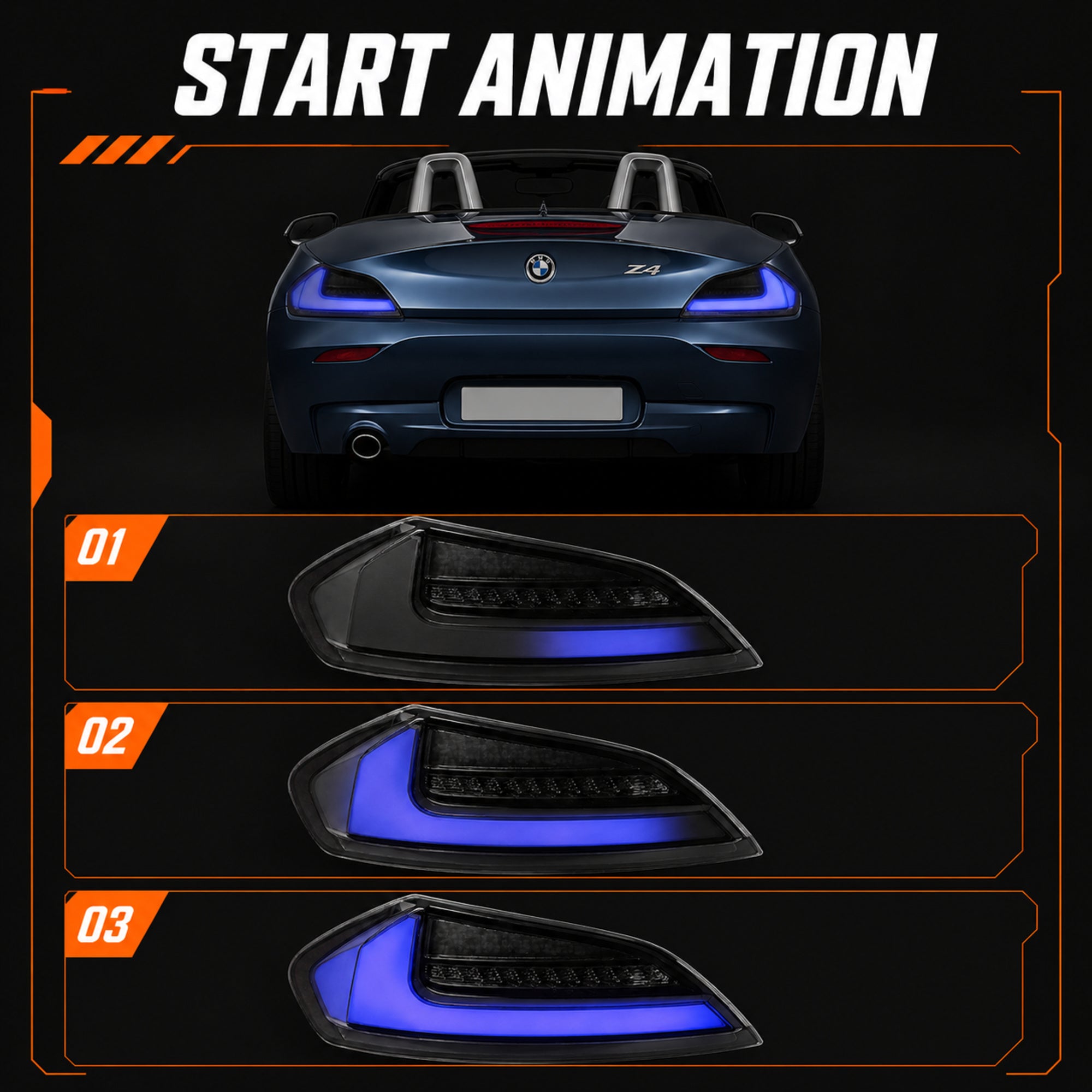 2009-2016 BMW Z4 E89 Sequential LED Tail Lights — blue ledsequential start animation - T-Z4-SW-BLU