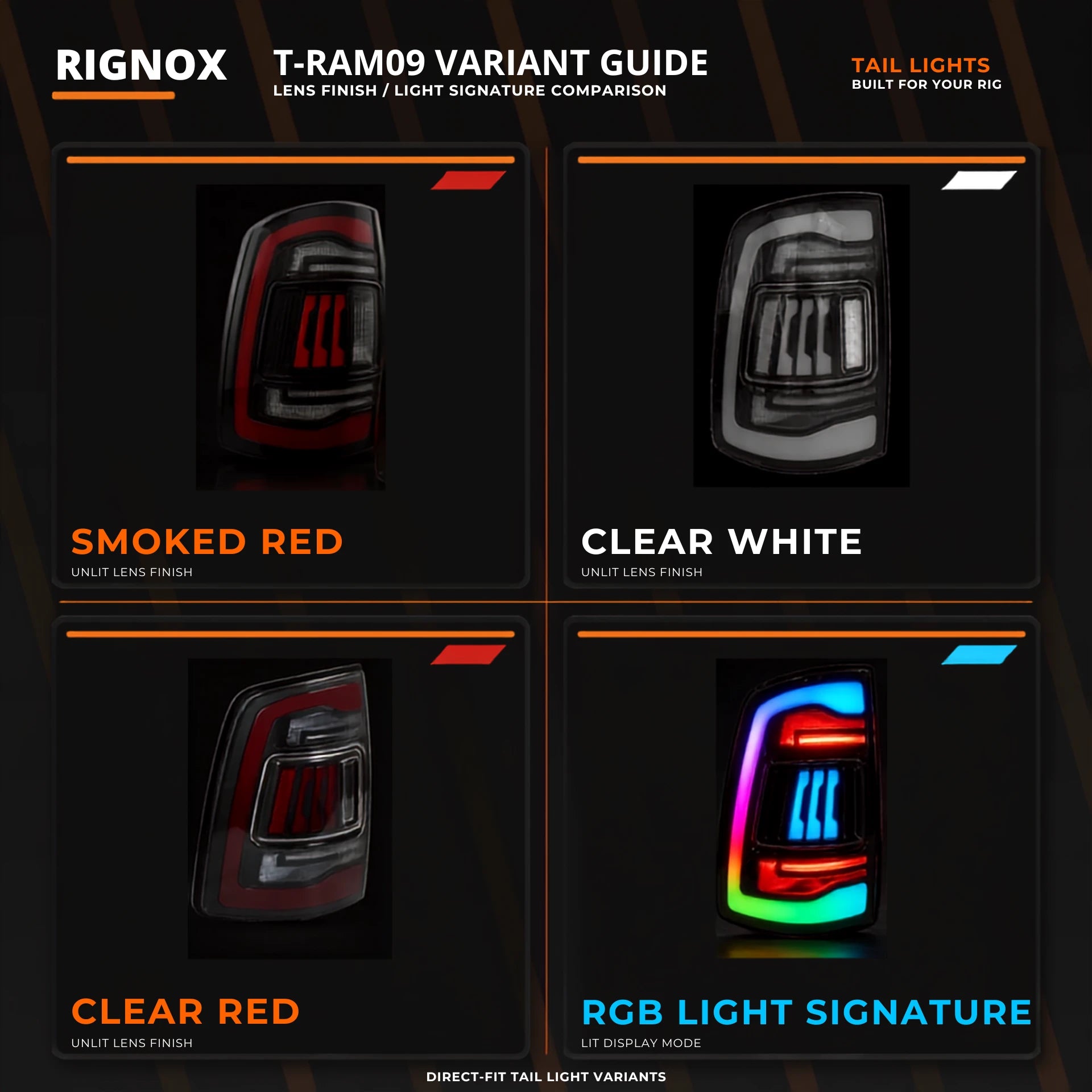 2009-2018 Dodge Ram 1500/2500/3500 Sequential LED Tail Lights — variant comparison guide — T-RAM09-SR T-RAM09-CW T-RAM09-SRGB T-RAM09-CR