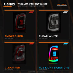 2009-2018 Dodge Ram 1500/2500/3500 Sequential LED Tail Lights — variant comparison guide — T-RAM09-SR T-RAM09-CW T-RAM09-SRGB T-RAM09-CR