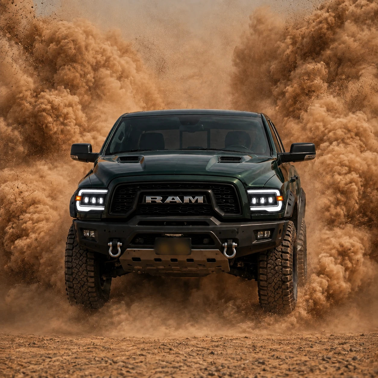 2009-2018 Ram 1500/2500/3500 and 2019-2024 Ram 1500 Classic LED Triple Projector Headlights — aggresive front end view — H-RAM09