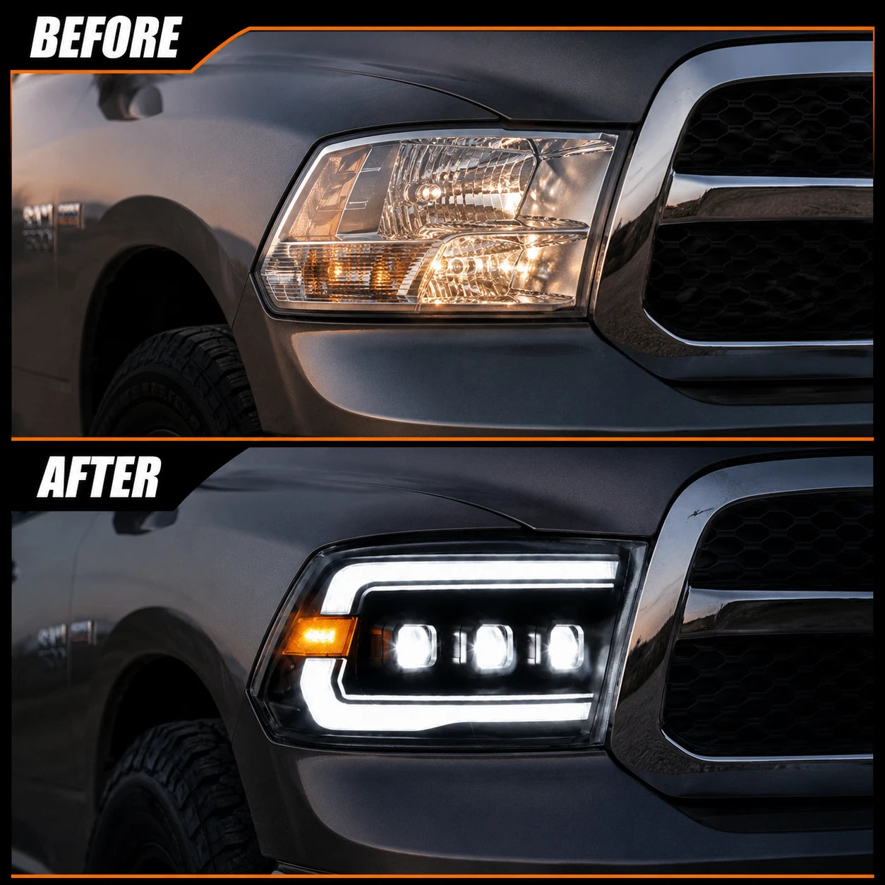2009-2018 Ram 1500/2500/3500 and 2019-2024 Ram 1500 Classic LED Triple Projector Headlights — before after — H-RAM09