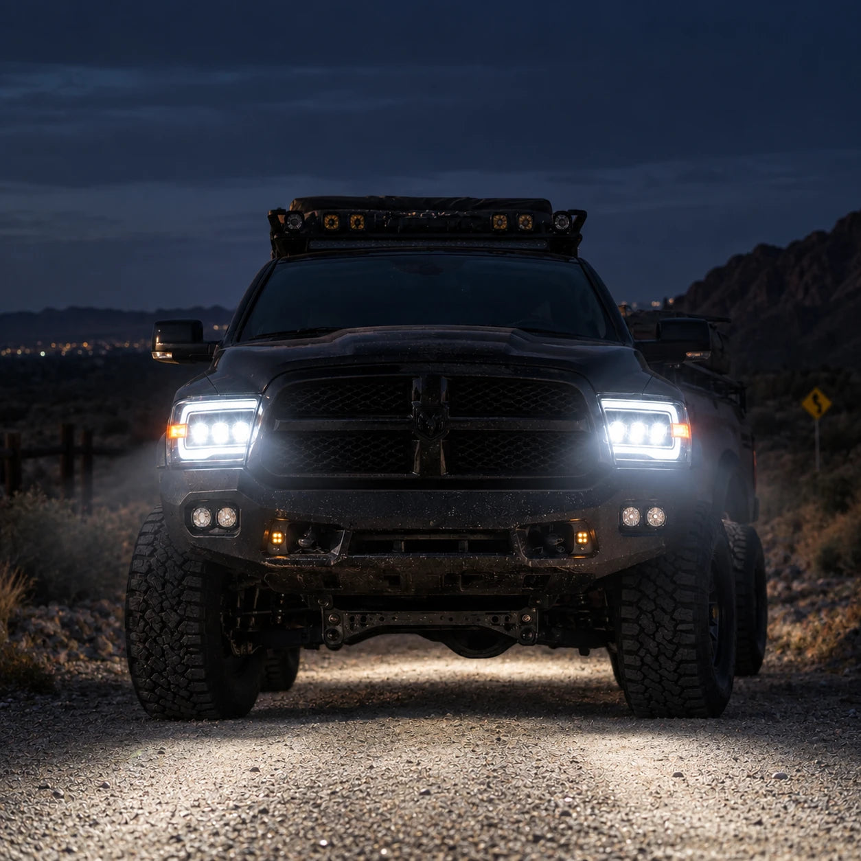 2009-2018 Ram 1500/2500/3500 and 2019-2024 Ram 1500 Classic LED Triple Projector Headlights — clear in the night — H-RAM09