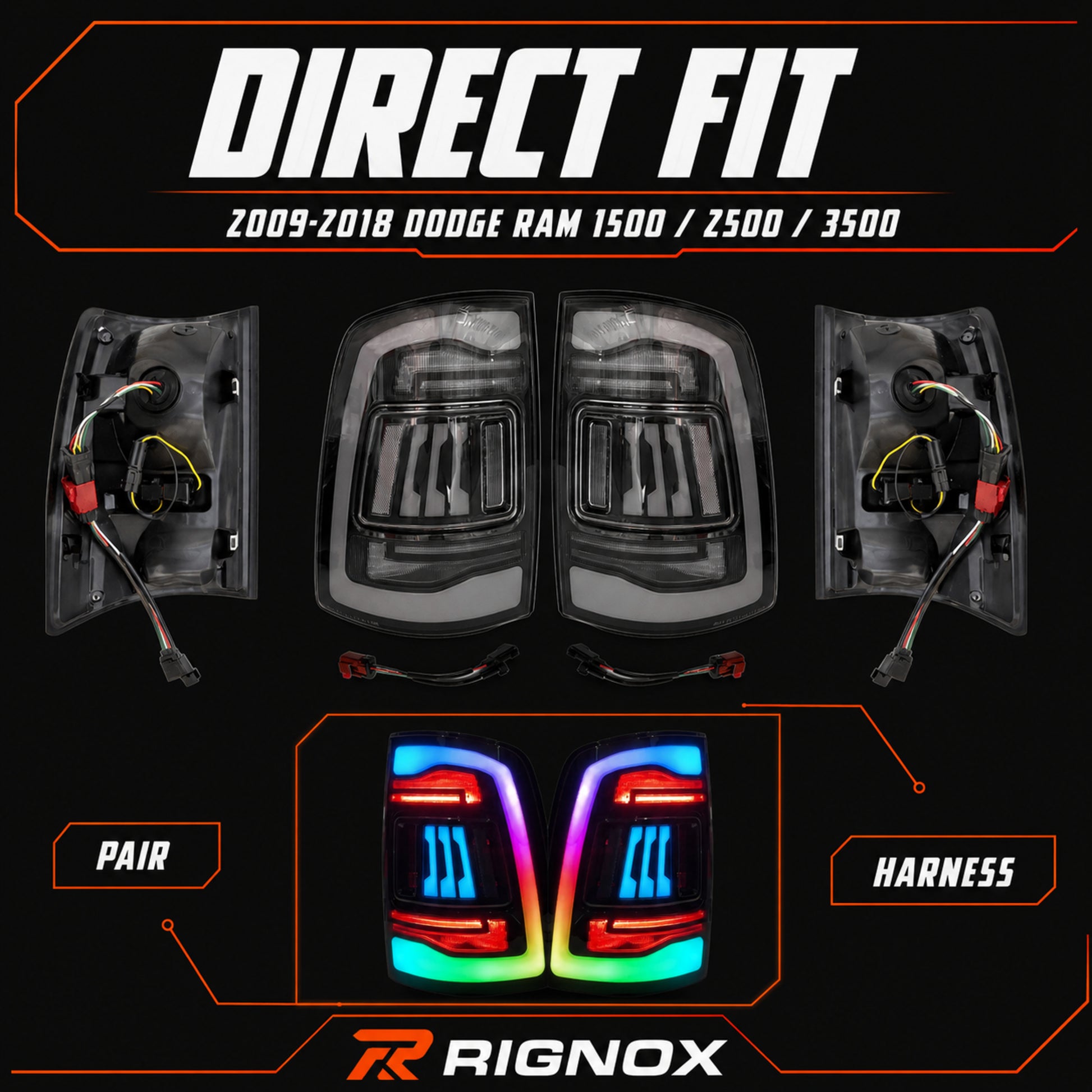 2009-2018 Dodge Ram 1500/2500/3500 Sequential LED Tail Lights — rgbsmoked direct fit product kit - T-RAM09-SRGB