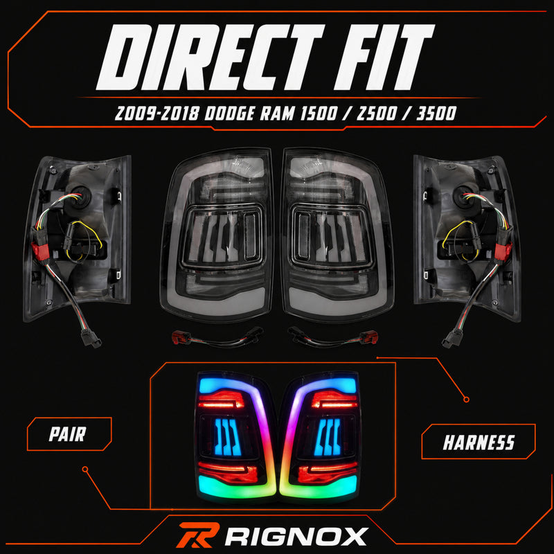 2009-2018 Dodge Ram 1500/2500/3500 Sequential LED Tail Lights — rgbsmoked direct fit product kit - T-RAM09-SRGB