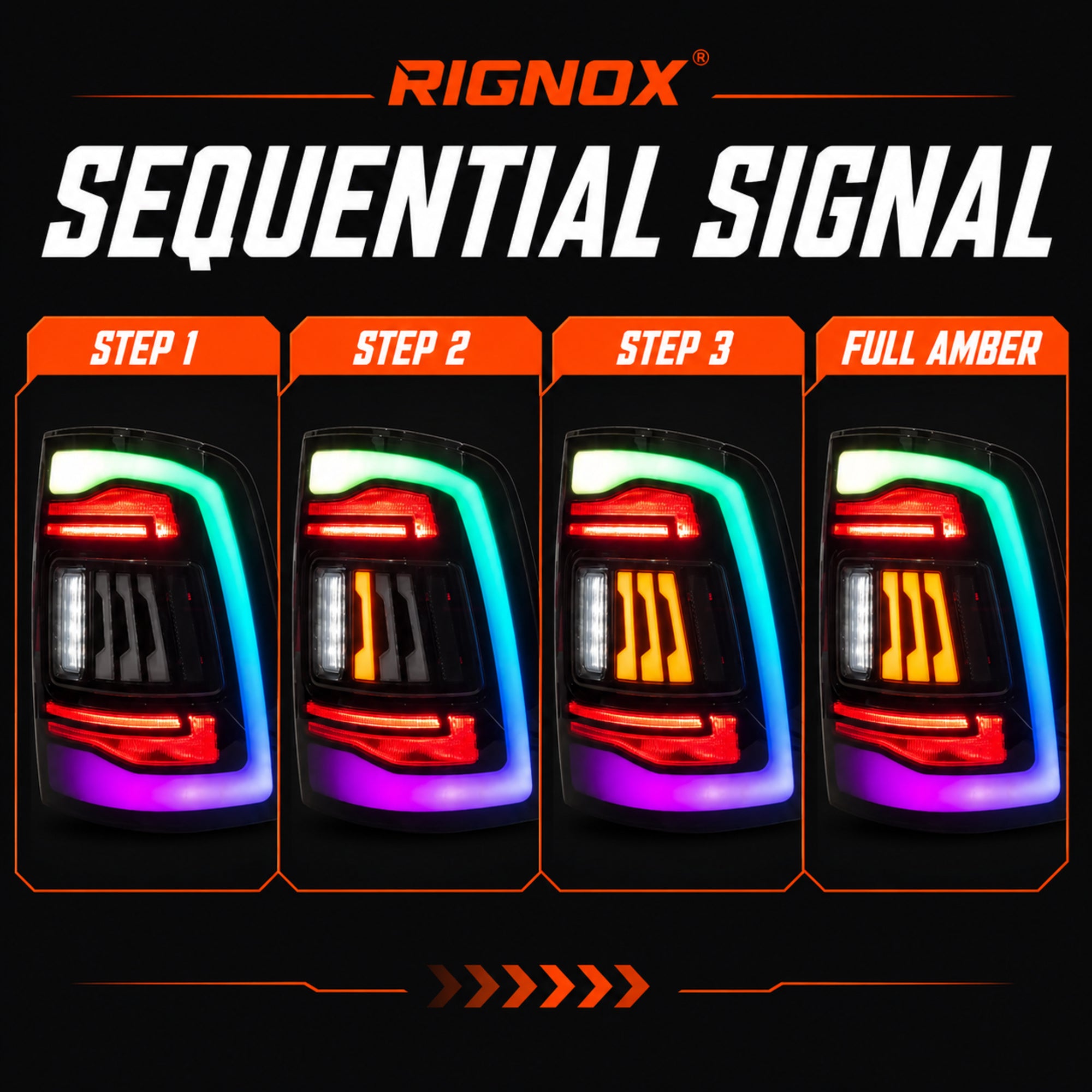 2009-2018 Dodge Ram 1500/2500/3500 Sequential LED Tail Lights — rgbsmoked function sequential signal - T-RAM09-SRGB