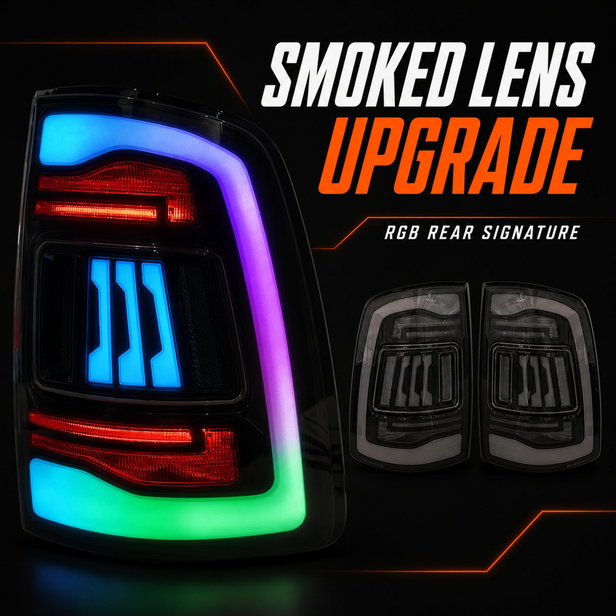 2009-2018 Dodge Ram 1500/2500/3500 Sequential LED Tail Lights — rgbsmoked function smoked lens upgrade - T-RAM09-SRGB