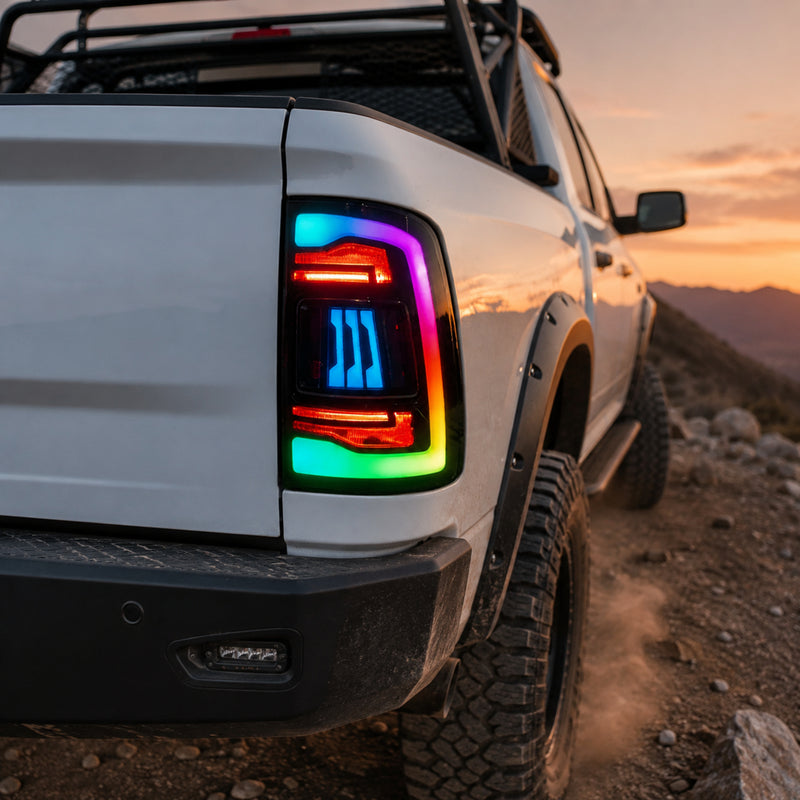 2009-2018 Dodge Ram 1500/2500/3500 Sequential LED Tail Lights — rgbsmoked rainbow low angle trail scene - T-RAM09-SRGB