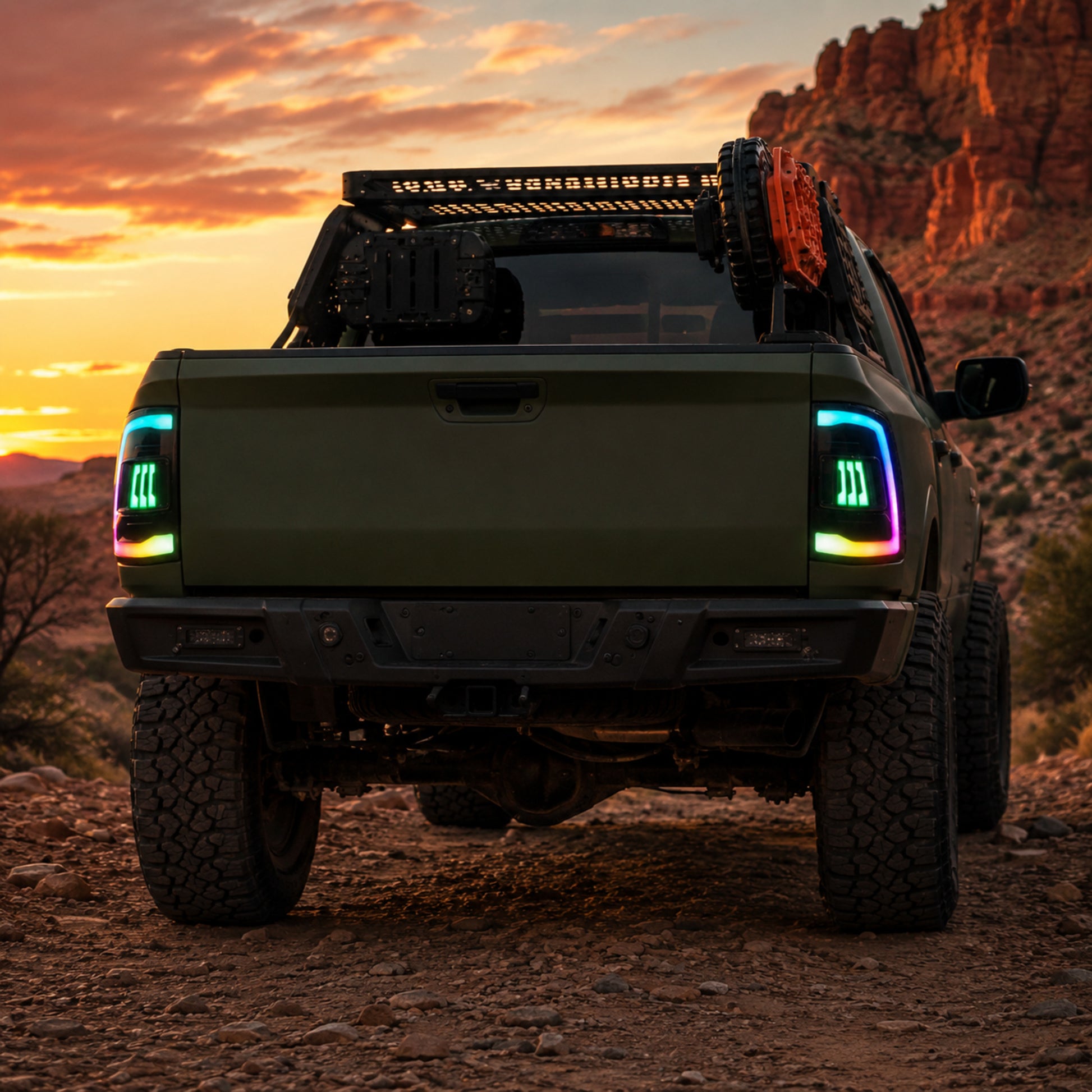2009-2018 Dodge Ram 1500/2500/3500 Sequential LED Tail Lights — rgbsmoked ref01 dusk rear trail - T-RAM09-SRGB