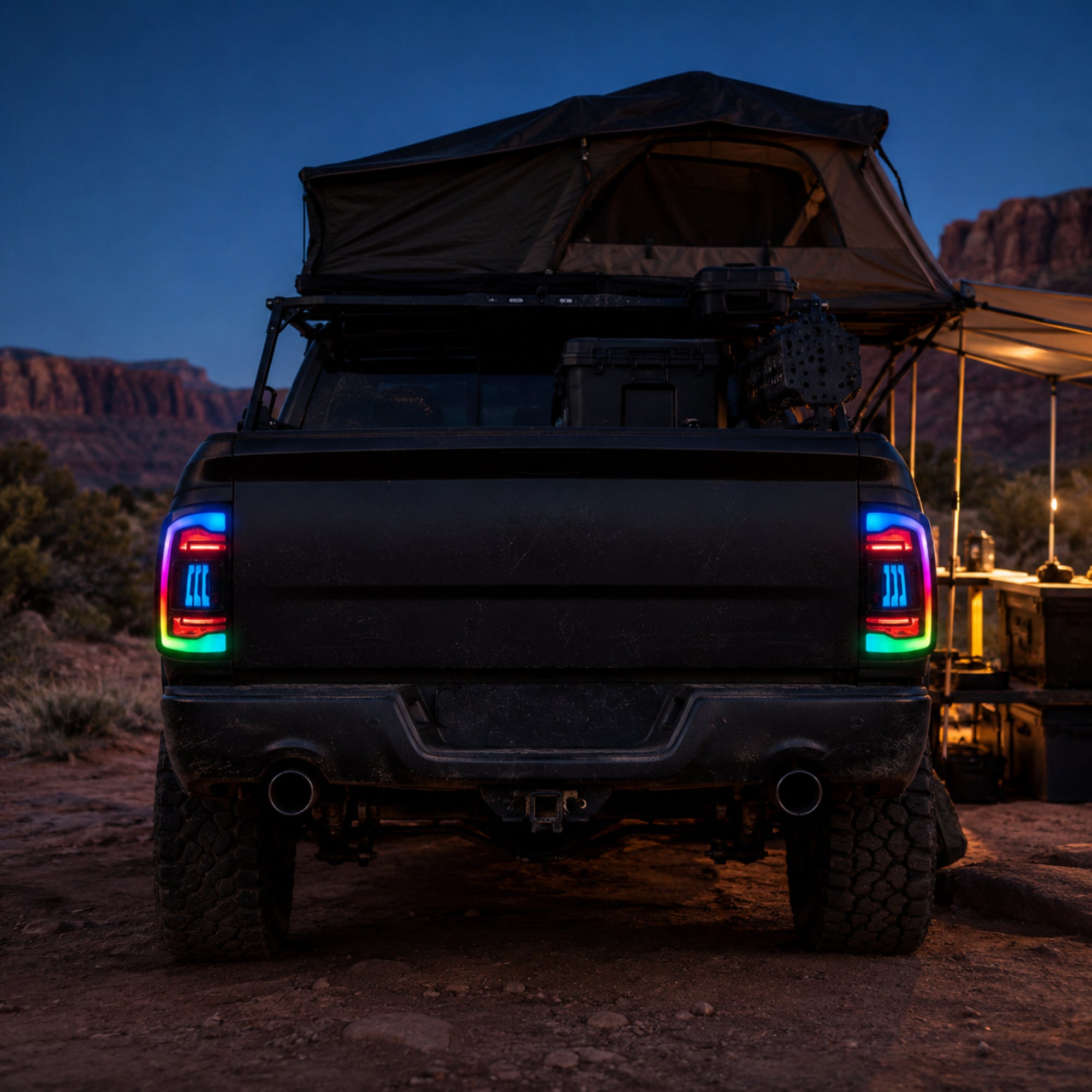 2009-2018 Dodge Ram 1500/2500/3500 Sequential LED Tail Lights — rgbsmoked ref03 campsite rear - T-RAM09-SRGB